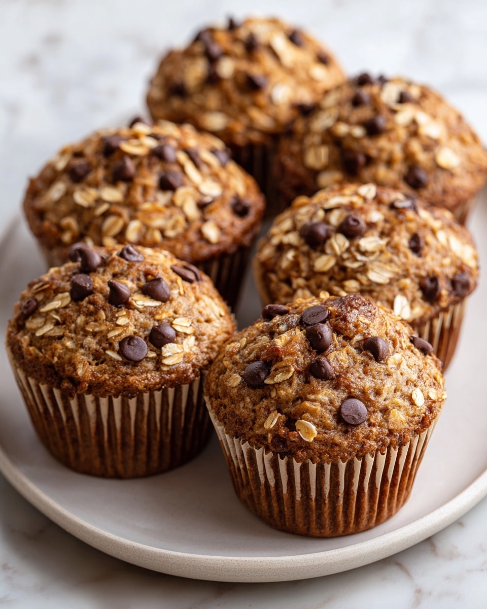 A close-up view of six oatmeal chocolate chip muffins arranged on a white plate, each muffin having a golden-brown top textured with visible oats and scattered chocolate chips. The muffins sit side by side, showing the ridged, darker brown baked paper liners at the base with a slightly rough surface that suggests a soft crumb inside. Their tops have an uneven, bumpy texture with small clusters of oats and semi-melted chocolate chips adding a moist look. The plate rests on a white marbled texture. photo taken with an iphone --ar 4:5 --v 7