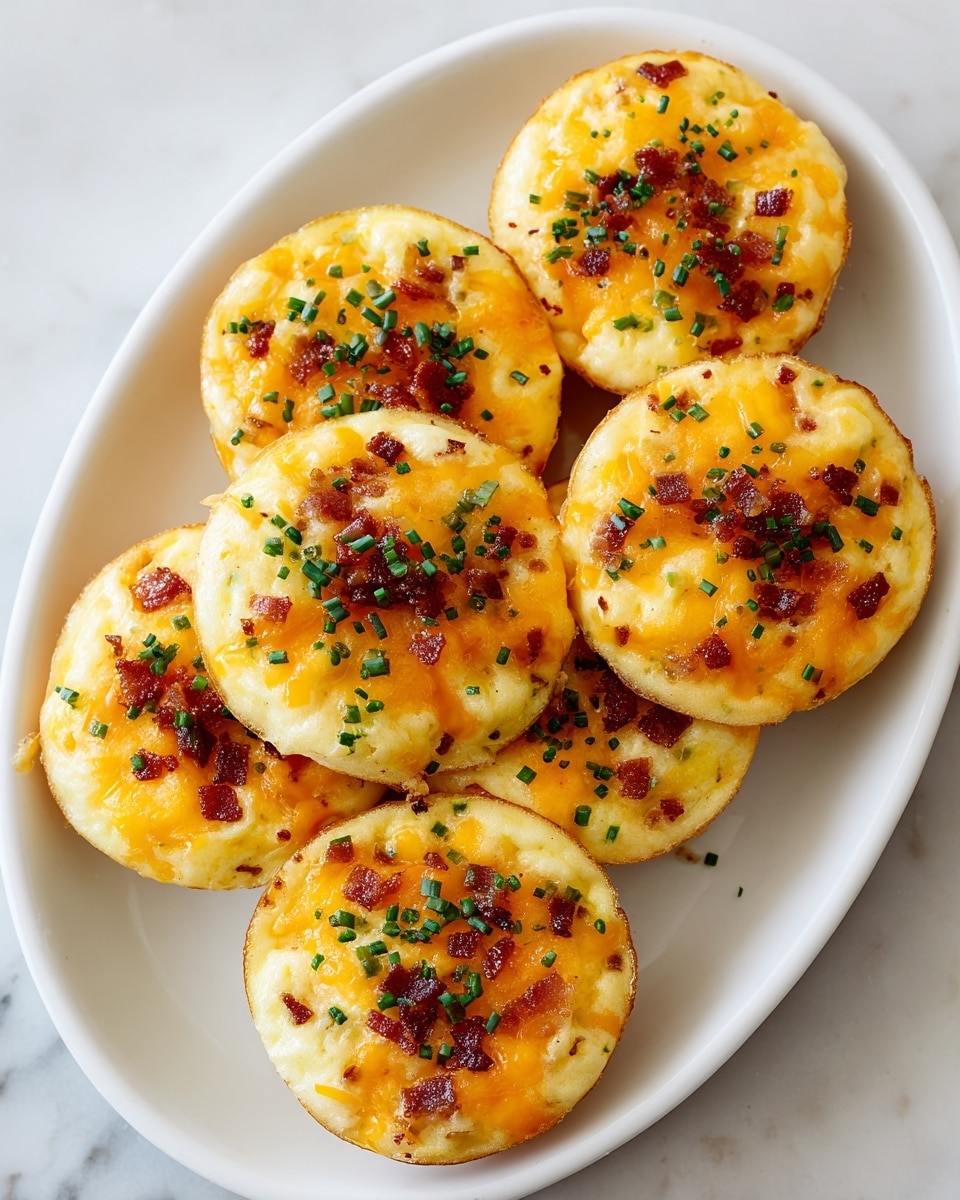The image shows six round mini egg muffins arranged closely in a white oval dish on a white marbled surface. Each muffin has a golden-yellow egg base with melted orange cheddar cheese mixed in and sprinkled on top. Small bits of brown cooked bacon and bright green chopped chives are scattered across the surface of each muffin, creating a colorful and textured look. The muffins appear fluffy and slightly browned on the edges, giving a warm, fresh-baked feel. Photo taken with an iphone --ar 4:5 --v 7