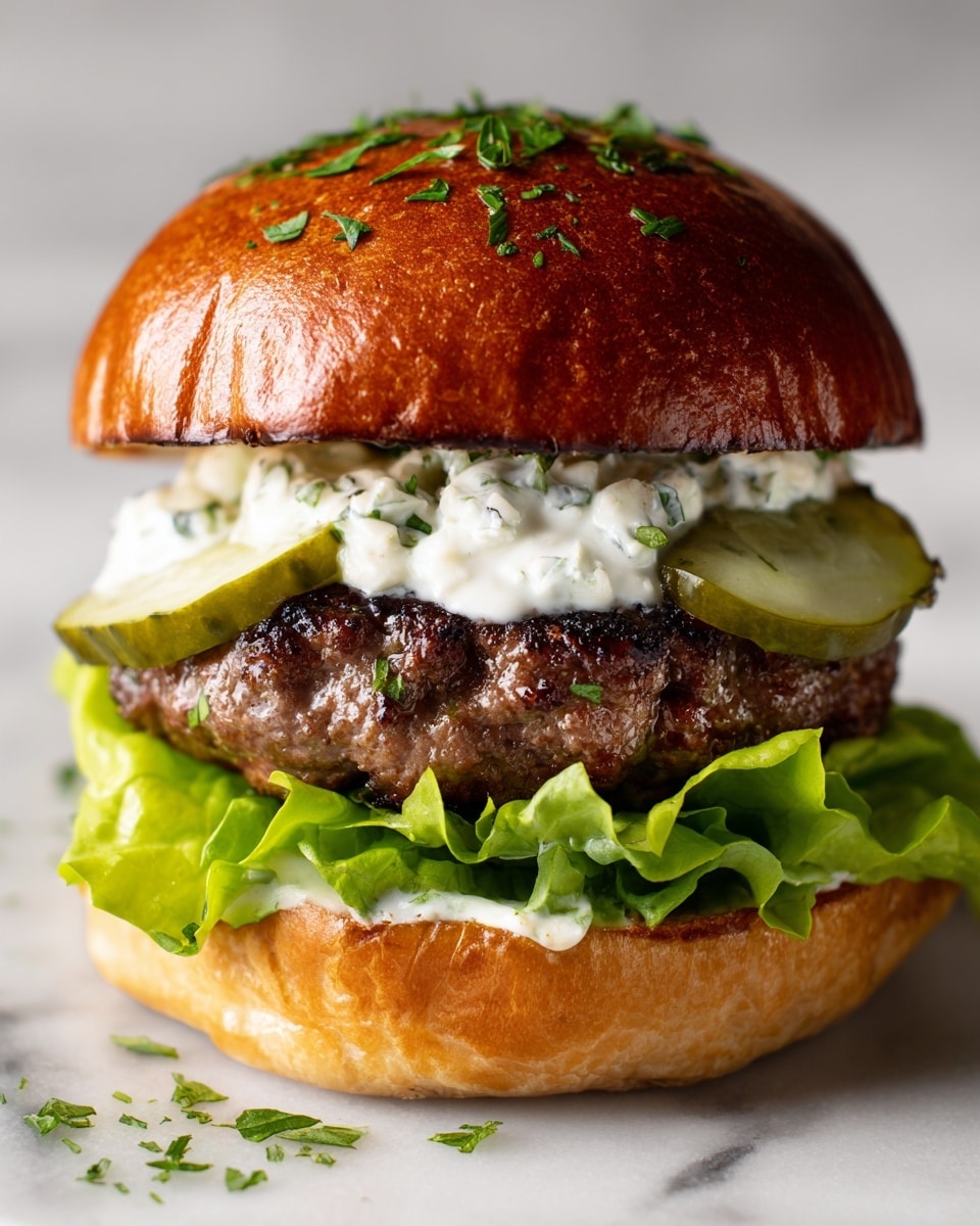 A tall burger with a shiny brown toasted bun on top, sprinkled lightly with green herbs. Below the bun is a layer of white creamy sauce mixed with small green herbs, covering a thick, juicy brown beef patty. Under the patty are several thin, green pickles and a fresh green lettuce leaf that rests on the bottom shiny brown toasted bun. Extra green herbs are sprinkled around the burger on a white marbled surface. Photo taken with an iphone --ar 4:5 --v 7