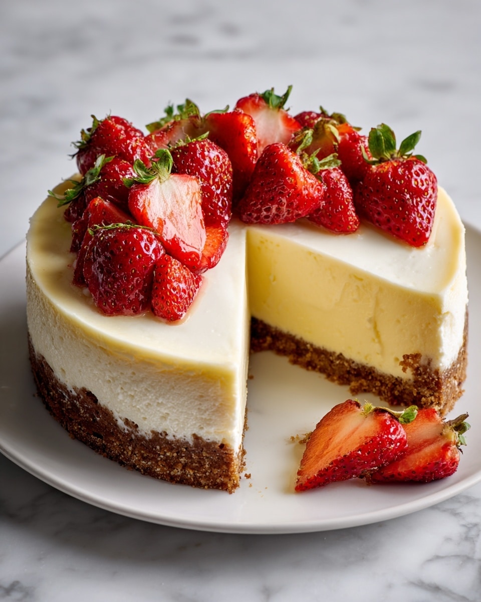 A cheesecake with three visible layers sits on a white plate over a white marbled texture. The bottom layer is a dense, brown crust with a rough texture, the middle layer is a thick, smooth, light yellow cream cheese filling, and the top layer is a smooth white cream spread evenly. On top, bright red halved strawberries with green tops are scattered, adding fresh color and a shiny texture. Some strawberry halves are placed on the white marbled surface beside the plate. Photo taken with an iphone --ar 4:5 --v 7