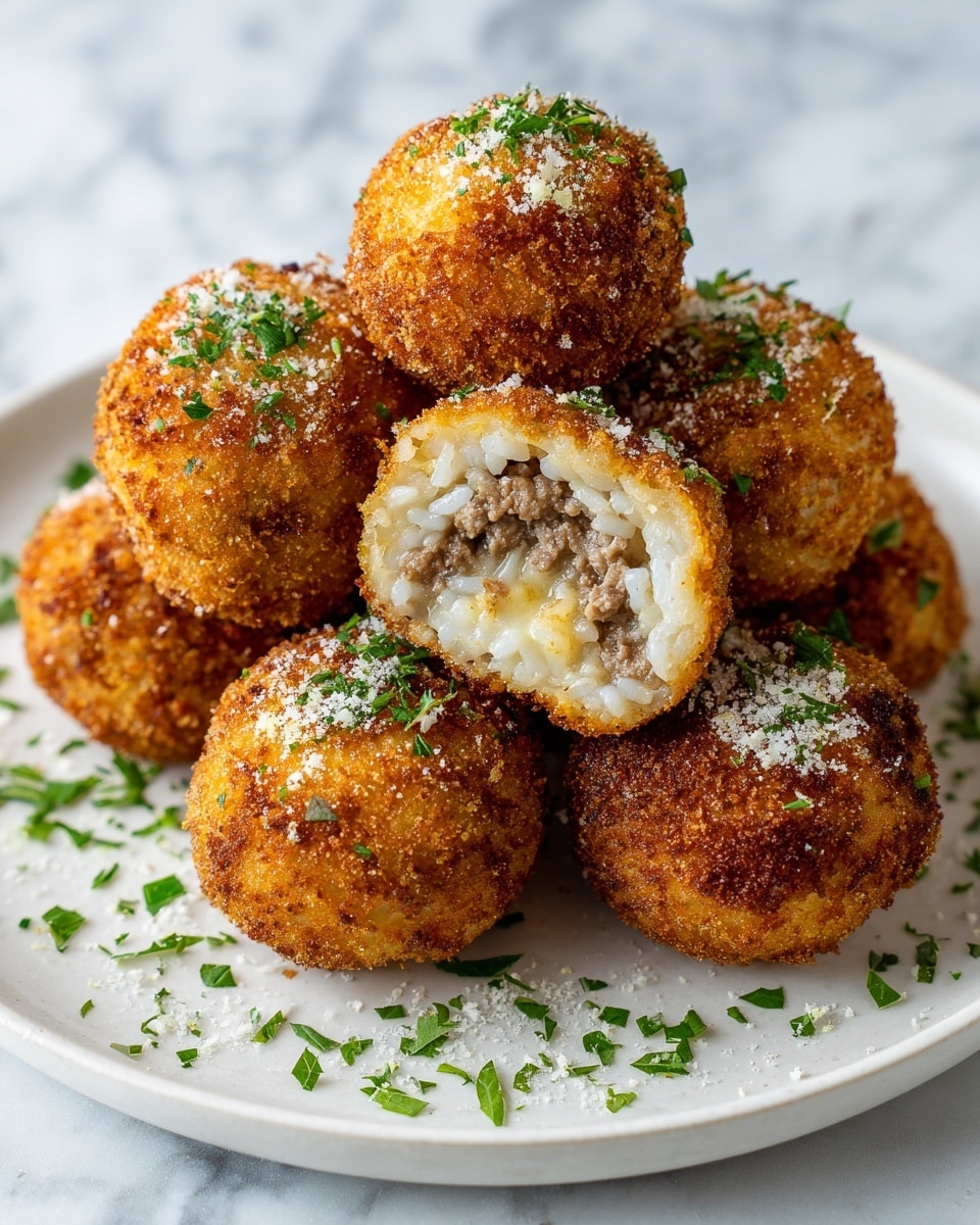 The image shows a white plate with seven golden brown crispy fried rice balls, each round and breaded with a crunchy texture. One rice ball is cut open, revealing a soft inner layer of sticky white rice surrounding a center filled with cooked ground meat. The rice balls are topped and sprinkled with small pieces of fresh green herbs and a light dusting of white powder. The plate is set on a white marbled surface with some scattered green herb pieces around the base of the rice balls, creating a fresh look. photo taken with an iphone --ar 4:5 --v 7