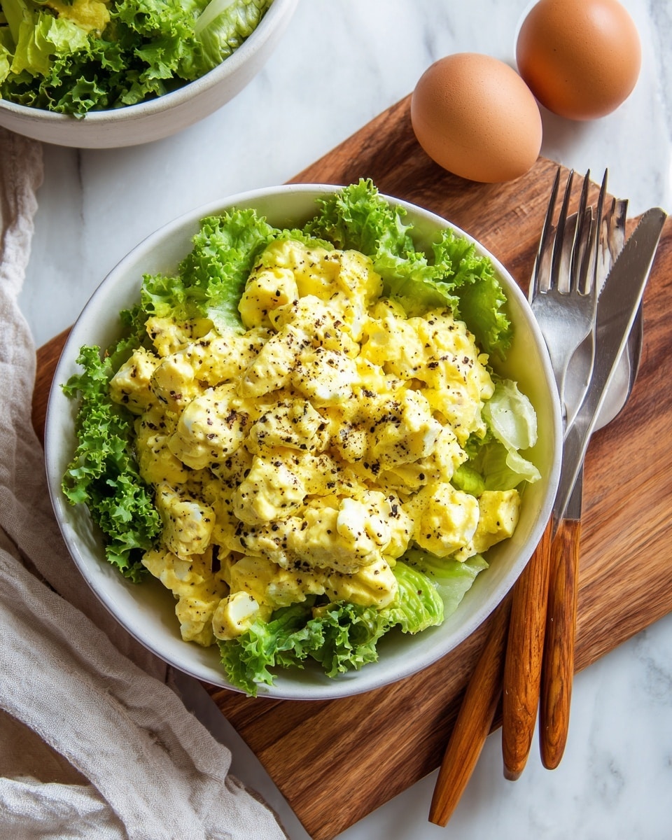 The image shows a white bowl filled with layers of fresh green curly lettuce leaves at the bottom, topped with a generous amount of yellowish egg salad mixed with small soft chunks of eggs, sprinkled with black pepper. The bowl is placed on a wooden cutting board along with two shiny forks with brown wooden handles resting on it. Two brown eggs lay on the white marbled surface next to the board. The background features a larger white bowl filled with leafy greens. A woman's hand is gently holding the edge of the cutting board, and a white cloth napkin lies folded nearby. photo taken with an iphone --ar 4:5 --v 7