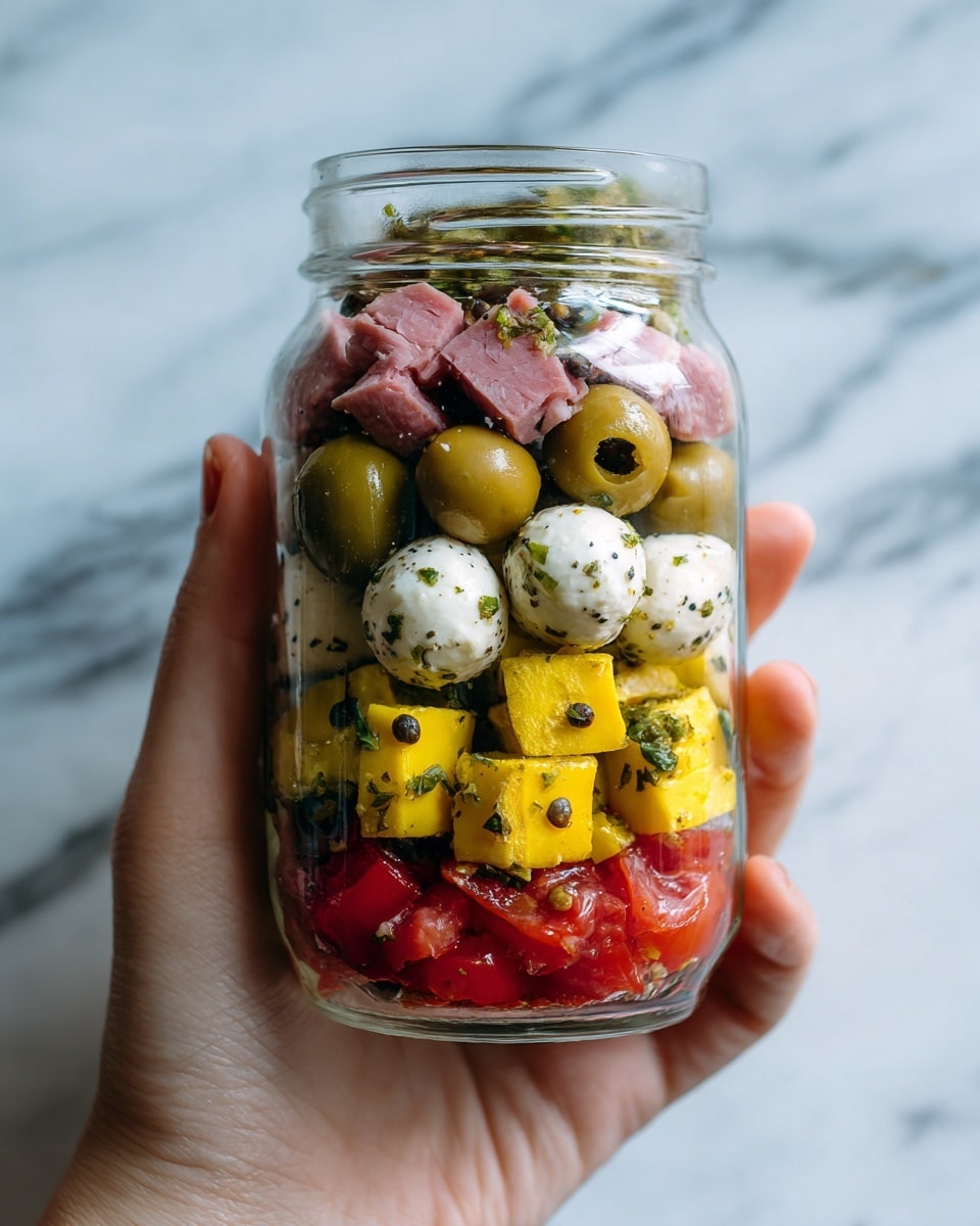The image shows a glass jar filled with layers of colorful food that look fresh and vibrant. The bottom layer is red cherry tomatoes, followed by a layer of white mozzarella balls mixed with small green herbs and black seasoning. Above that is a layer of light green olives, then a layer of cubed pink salami pieces. The top layer has a mix of mozzarella balls, olives, and herbs scattered on top. The jar is held by a woman's hand, and the background is a white marbled texture. photo taken with an iphone --ar 4:5 --v 7