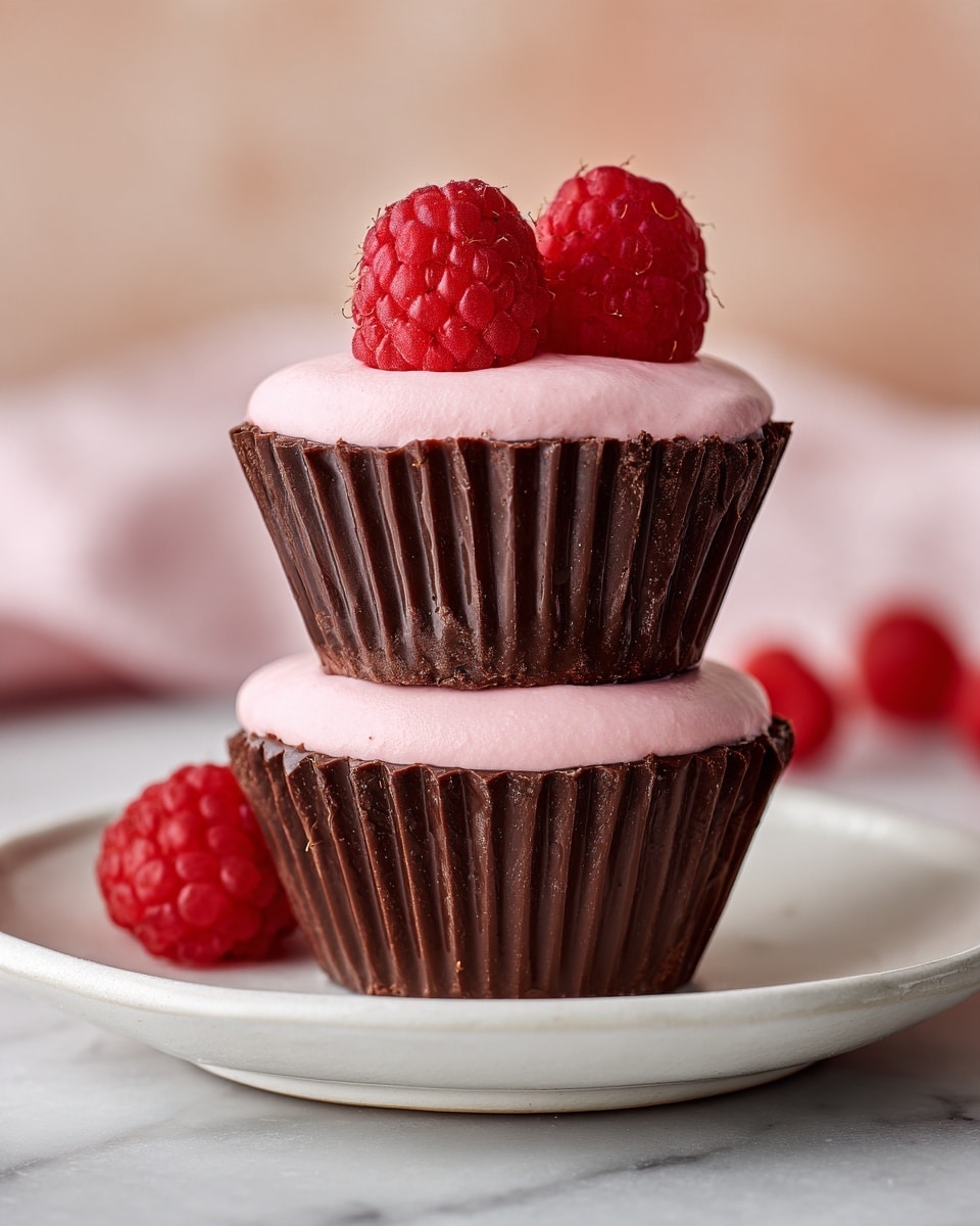 Two small chocolate cups stacked on top of each other sit on a white plate against a white marbled background. Each cup has a dark brown, ridged outer shell made of chocolate. The top layer inside the cups is vivid pink and shiny, looking creamy or jelly-like. On the upper chocolate cup, there are two fresh red raspberries placed close together, glossy and textured. The pink layer slightly spills over the edges of the bottom chocolate cup. Photo taken with an iphone --ar 4:5 --v 7