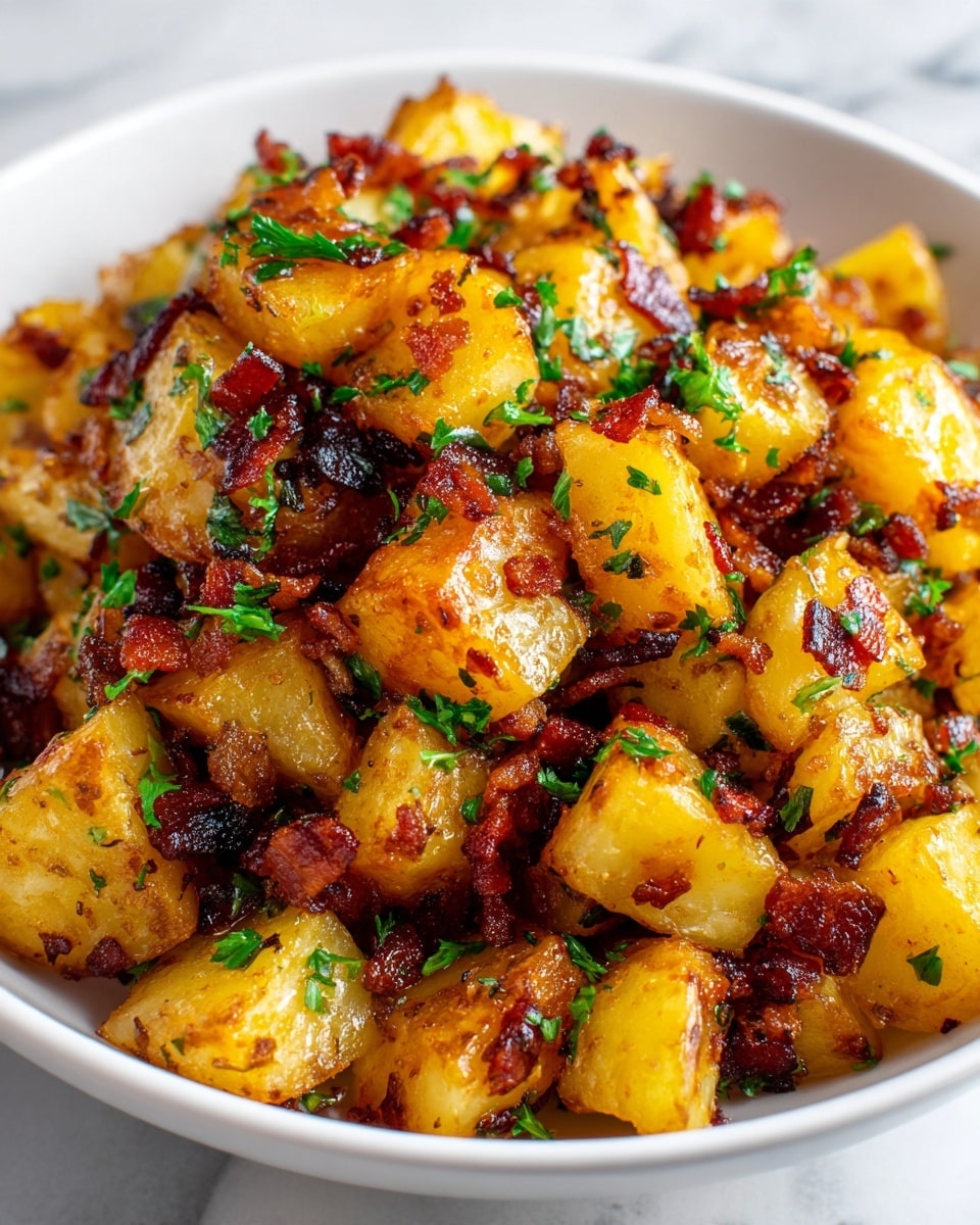 A white bowl filled with cooked diced potatoes and small pieces of browned meat, likely bacon, mixed together. The potatoes are golden yellow with crispy browned edges, and the bacon bits are dark reddish brown, showing a caramelized texture. Small bits of green herbs are sprinkled on top, adding a fresh touch of color. The food looks shiny with a light glaze of oil or fat, making it look hot and tasty. The bowl sits on a white marbled surface in soft natural light. photo taken with an iphone --ar 4:5 --v 7
