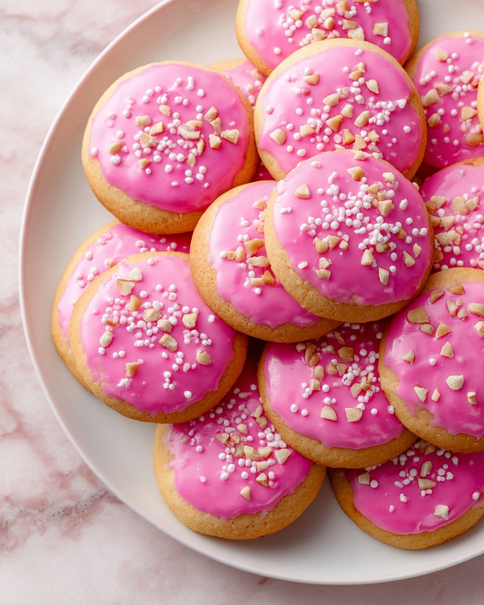 The image shows a white plate filled with round cookies arranged closely together. Each cookie has a smooth, bright pink frosting spread evenly on top, with a shiny texture. On the frosting, there is a light sprinkle of white crumbs and small reddish pieces scattered, adding texture and color contrast. The plate is set on a white marbled surface, creating a clean and simple background. Photo taken with an iphone --ar 4:5 --v 7
