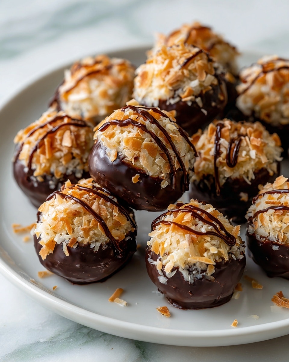 The image shows a white plate filled with multiple round Samoas cookie protein balls. Each ball has a rich caramel brown base with a glossy chocolate drizzle on top and a sprinkling of shredded coconut. The texture looks smooth with small bits of nuts or cookie pieces embedded. The balls are arranged closely together on a white marbled surface. photo taken with an iphone --ar 4:5 --v 7