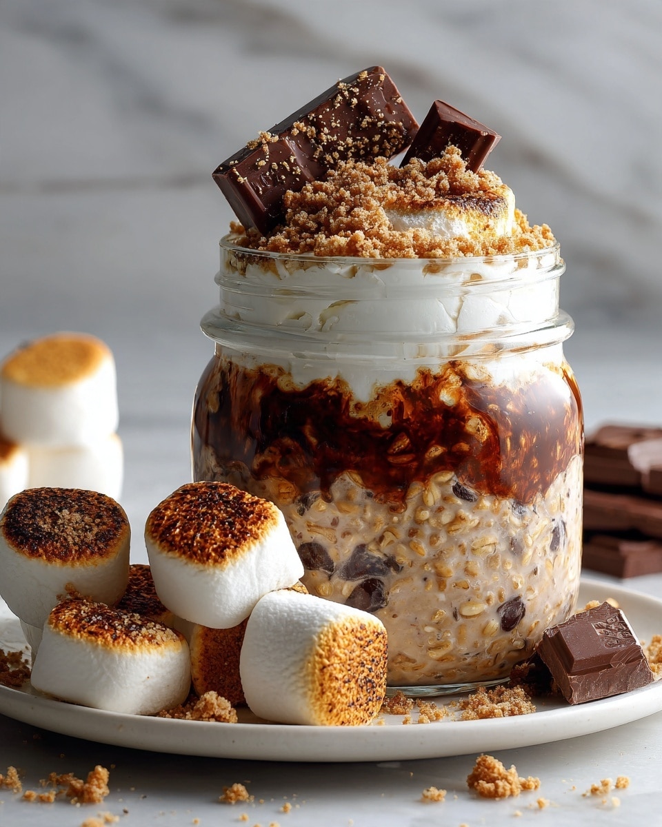 A clear glass jar filled with layers of creamy, light beige overnight oats mixed with small dark chocolate chunks, topped with golden brown toasted marshmallows and a square piece of dark chocolate placed upright in the center. The jar sits on a white plate with more toasted marshmallows and a chunk of chocolate nearby. A woman's hand is pouring thick melted chocolate from a small container onto the marshmallows. The scene is set on a white marbled surface with soft, warm lighting. Photo taken with an iphone --ar 4:5 --v 7