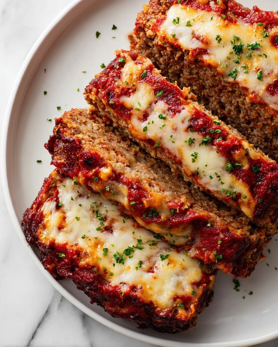 The image shows four slices of moist meatloaf stacked slightly unevenly on a white plate. Each slice reveals a dense, crumbly texture with a brown color mixed with bits of onion. On top of each slice, there's a layer of melted cheese and red tomato sauce spread unevenly, creating patches of creamy white and vibrant red glaze. The plate rests on a white marbled surface. photo taken with an iphone --ar 4:5 --v 7