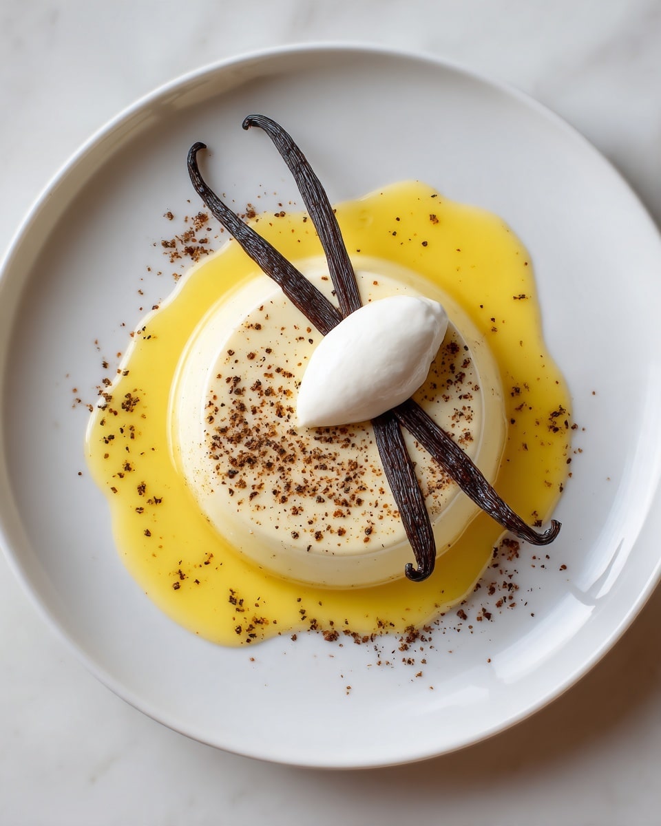 A white round dessert with a smooth creamy texture forms the base layer, sitting on a white plate with a pool of golden syrup spread around it. On top of the creamy base is a dollop of white cream, and two whole dark brown vanilla pods are crossed over the cream. The syrup is sprinkled with fine dark flakes and small black pepper-like specks, adding texture and contrast to the light yellow color. The plate rests on a white marbled surface. Photo taken with an iphone --ar 4:5 --v 7