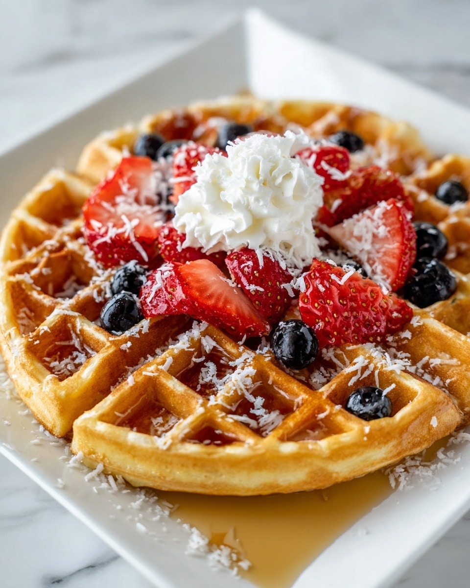 A single thick, golden-brown waffle sits in the center of a white square plate on a white marbled surface, its textured grid pattern catching soft light. On top, there are fresh, glossy red strawberry halves and deep blue blueberries scattered evenly across. A small dollop of white whipped cream with a fluffy texture rests in the center, surrounded by thin white shreds of coconut. Light amber syrup pools gently around the waffle's base, adding a shiny contrast. The scene feels fresh and inviting, with a simple, clean look. photo taken with an iphone --ar 4:5 --v 7