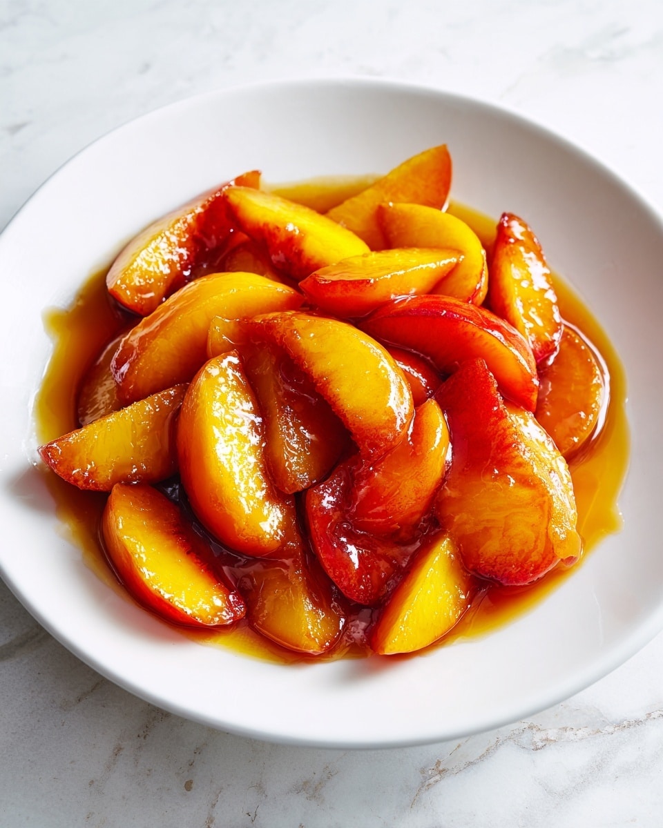 The image shows a white plate with a pile of glossy peach slices covered in a thick caramel sauce. The peach slices have bright yellow and reddish skin, and they look soft and juicy. The caramel sauce is spread around and over the peach pieces, giving them a shiny and sticky texture. The white plate sits on a white marbled surface that brightens the whole image. Photo taken with an iphone --ar 4:5 --v 7
