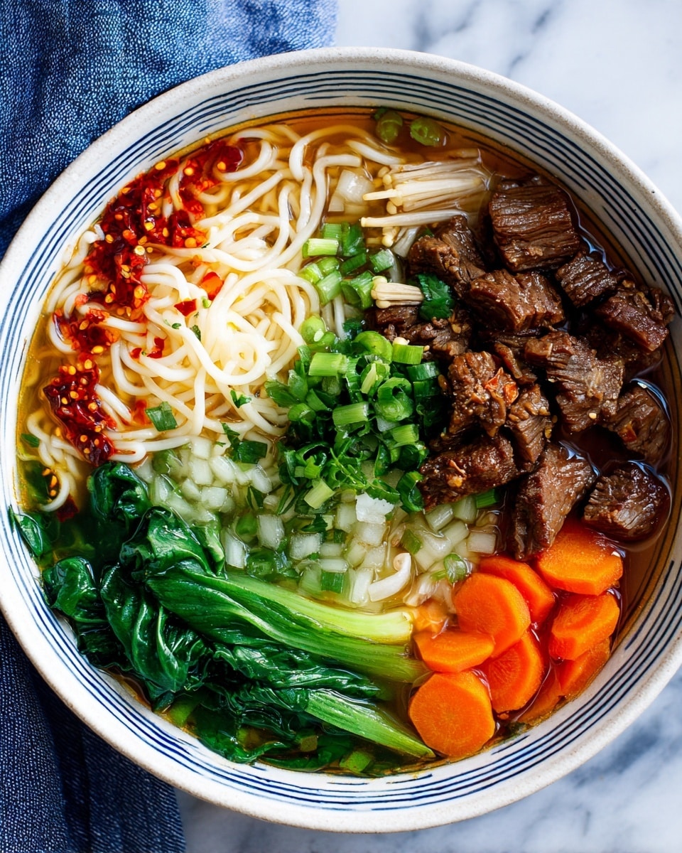 A white bowl with thin vertical blue stripes is filled with a vibrant soup. At the base, there is a light brown broth with small translucent onion pieces. On one side, thick white noodles are arranged in loose swirls, topped with red chili oil droplets. Bright orange carrot slices rest beside the noodles. Next to the carrots, there are several dark brown beef chunks with a glossy, tender texture and tiny red chili flakes. On the top center, there is a pile of fresh green chopped herbs. On the right side, a bundle of long, leafy green vegetables with visible veins and stems leans against the bowl’s edge. The bowl sits on a white marbled surface with a partially visible blue cloth nearby. photo taken with an iphone --ar 4:5 --v 7