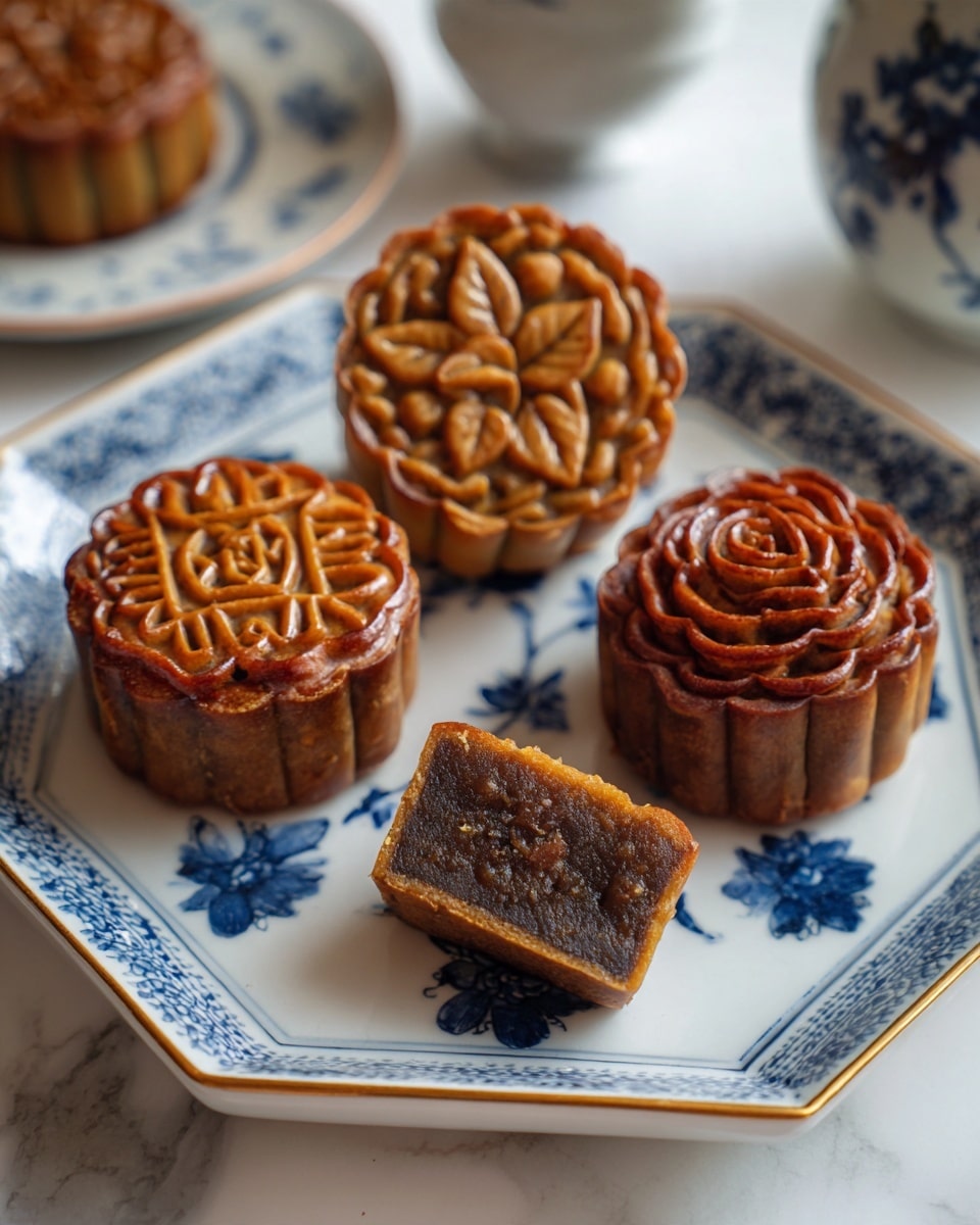 Three round mooncakes with golden brown crusts sit on a white plate with blue floral designs, each mooncake featuring a different embossed pattern on top: one with geometric lines, one with a floral vine, and one with a rose shape. In front, there are two halves of one mooncake showing a dark, dense filling inside the thin, light brown crust, exposing a clear contrast between the outer shell and the rich inner layer. The plate is on a white marbled surface with soft natural lighting creating gentle shadows. Photo taken with an iphone --ar 4:5 --v 7