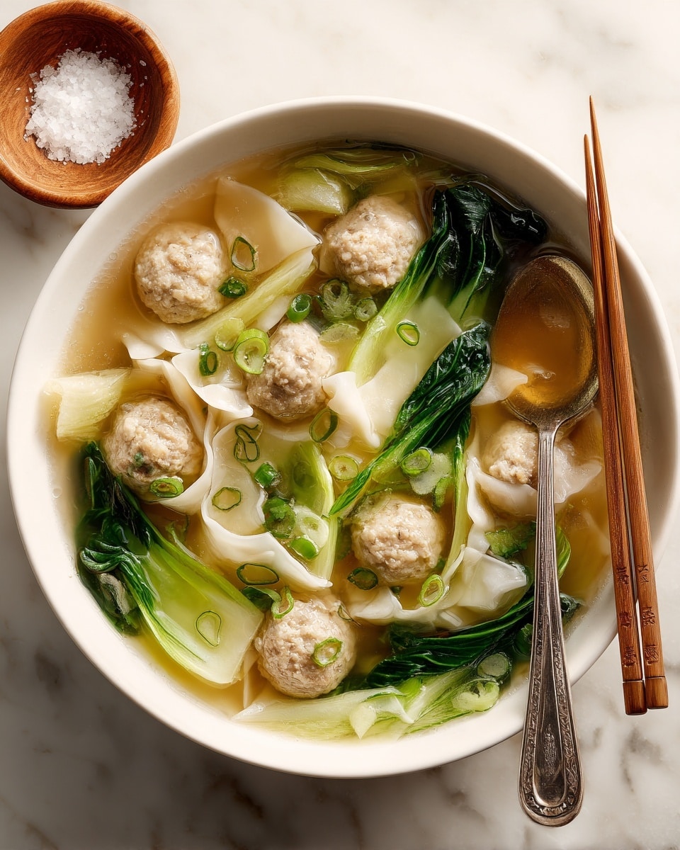 A white bowl filled with a clear light brown broth, containing six light beige meatballs scattered throughout. Around the meatballs are several pieces of folded, soft, egg-yellow dumpling wrappers, and bright green leafy bok choy stems with glossy leaves. Thin slices of light green scallions are sprinkled on top, adding a fresh touch. A pair of wooden chopsticks rests on the side of the bowl with a silver spoon inside. The bowl sits on a white marbled surface with a small wooden dish of coarse salt beside it. Photo taken with an iphone --ar 4:5 --v 7
