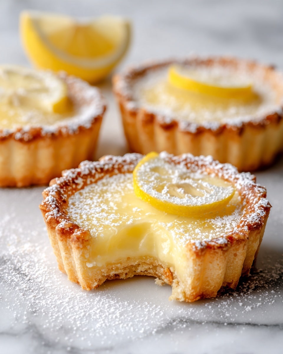 The image shows three small lemon tarts placed on a white marbled surface. Each tart has a golden brown, flaky crust that is the bottom and sides layer, holding a smooth, pale yellow lemon filling as the middle layer. The filling looks creamy and glossy, slightly overflowing on the tart in the front that has a bite taken out of it, revealing the thick texture inside. On top of the lemon filling, there is a light dusting of white powdered sugar covering the surface and a small, thin twist of bright yellow lemon peel placed as the top layer for decoration. Photo taken with an iphone --ar 4:5 --v 7
