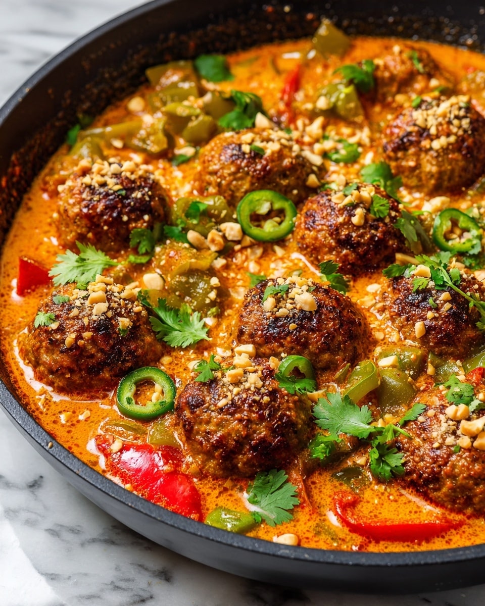 A black pan filled with several round meatballs covered in a thick orange sauce, with visible chunks of red bell pepper, green peas, and carrot slices mixed in. The dish is topped with fresh green cilantro leaves and scattered cashew nuts, adding texture and color contrast. The sauce looks creamy and smooth, enveloping each meatball and vegetable piece, all placed on a white marbled textured surface. photo taken with an iphone --ar 4:5 --v 7