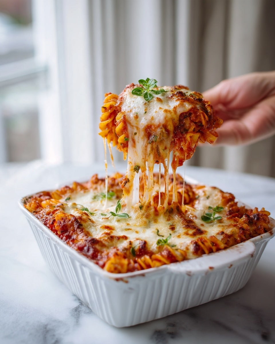 A white rectangular dish filled with layers of baked pasta, showing a base of cooked spiraled noodles coated in rich red tomato sauce. On top, there is a thick layer of melted, golden-brown cheese with visible stretchiness as a woman's hand lifts a portion of the pasta, pulling long, gooey cheese strands upwards. Small green herbs are sprinkled over the cheese, adding a fresh touch. The dish sits on a white marbled surface with a softly blurred background of window light and flowers. Photo taken with an iphone --ar 4:5 --v 7