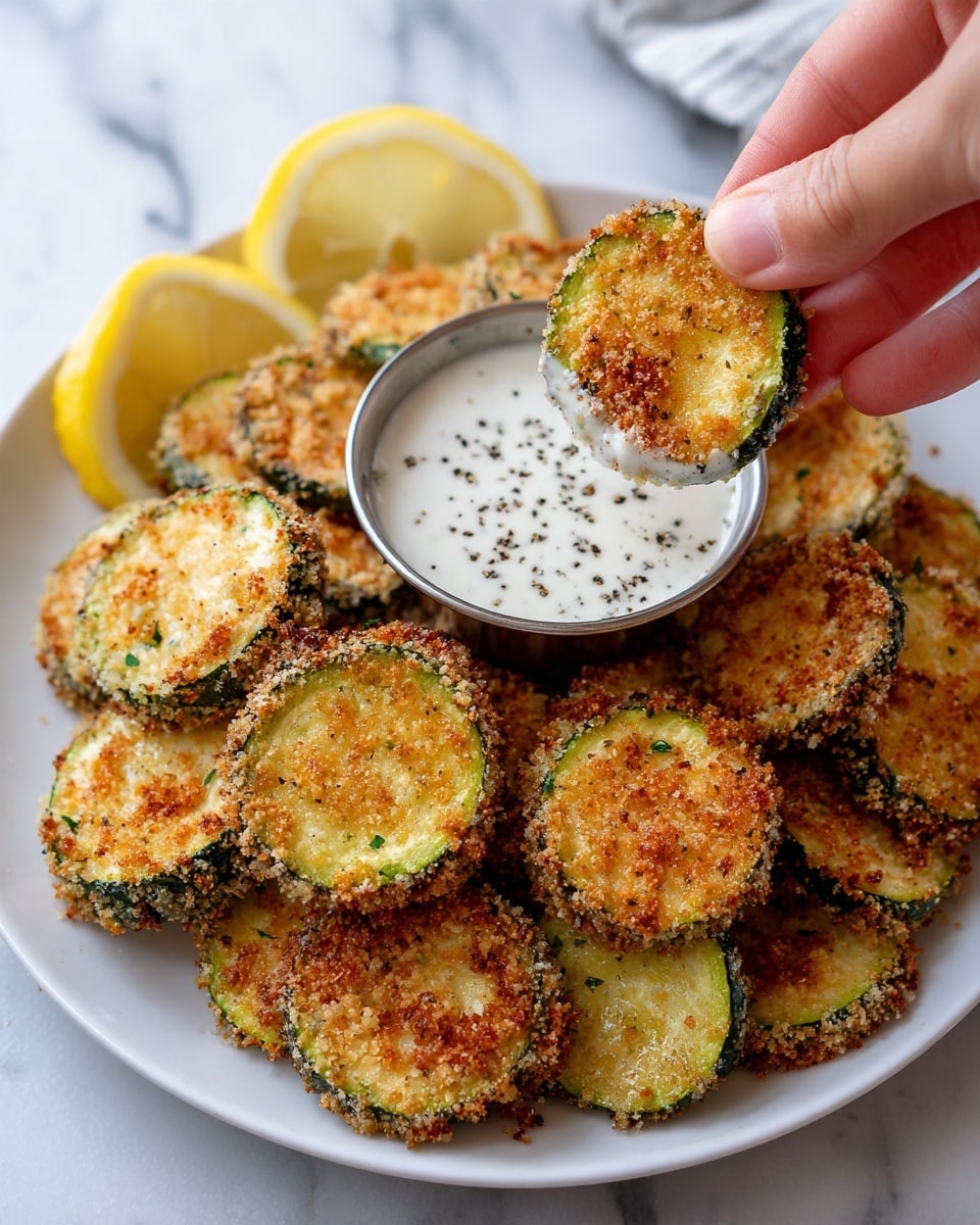 A white plate filled with two layers of golden brown fried pickle slices, each slice crispy with visible coarse salt sprinkled on top; the pickles have a crunchy textured coating with a mix of light and darker golden hues; at the top edge of the plate is a small white bowl of creamy white dipping sauce with a pickle slice dipped halfway in, and two bright yellow lemon slices placed beside the sauce; the background is a white marbled texture. photo taken with an iphone --ar 4:5 --v 7