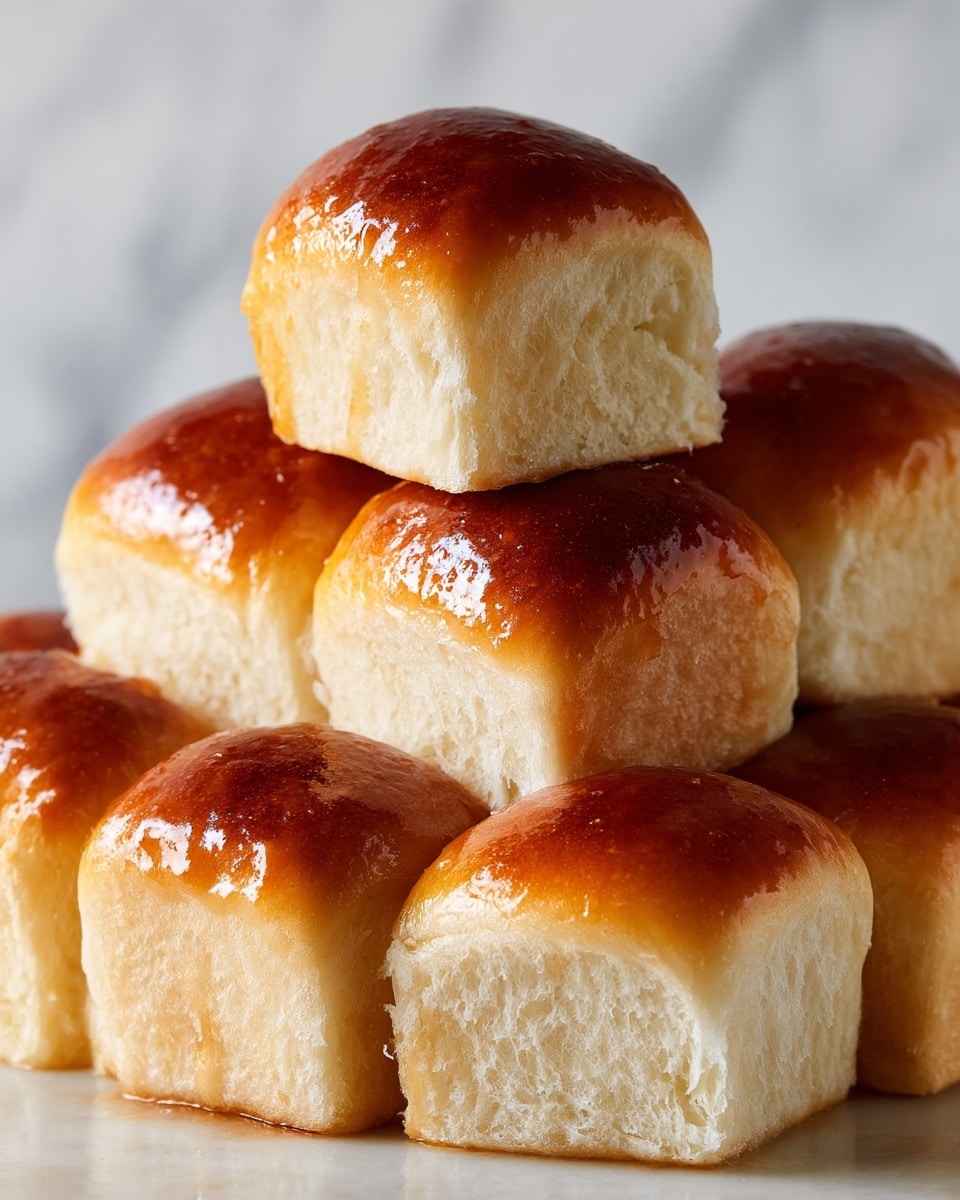 The image shows a close-up of several soft, square dinner rolls with a shiny, golden-brown top crust. The rolls are stacked casually, with some slightly overlapping, displaying a light, fluffy texture on the sides that are a pale cream color. The top layer is smooth and glossy, reflecting light to highlight the buttery finish. The background includes a blue element, contrasting with the warm tones of the bread, all placed on a white marbled surface. photo taken with an iphone --ar 4:5 --v 7