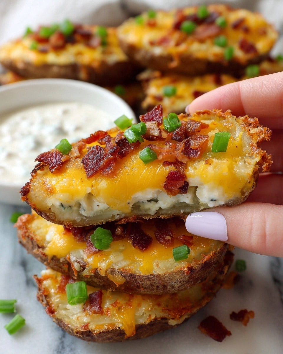 The image shows a close-up of a single loaded potato slice held by a woman's hand, resting over a stack of similar slices. The potato slice has three layers visible: the bottom crispy brown potato base with a rough texture, a middle layer of smooth melted bright yellow cheese, and a top layer sprinkled with small crispy reddish-brown bacon bits and a few bright green chopped scallions. The potato slices underneath peek out slightly, showing the same rich texture and toppings. The dish is placed on a white marbled surface with a small portion of a white bowl filled with a creamy white dip in the corner. photo taken with an iphone --ar 4:5 --v 7