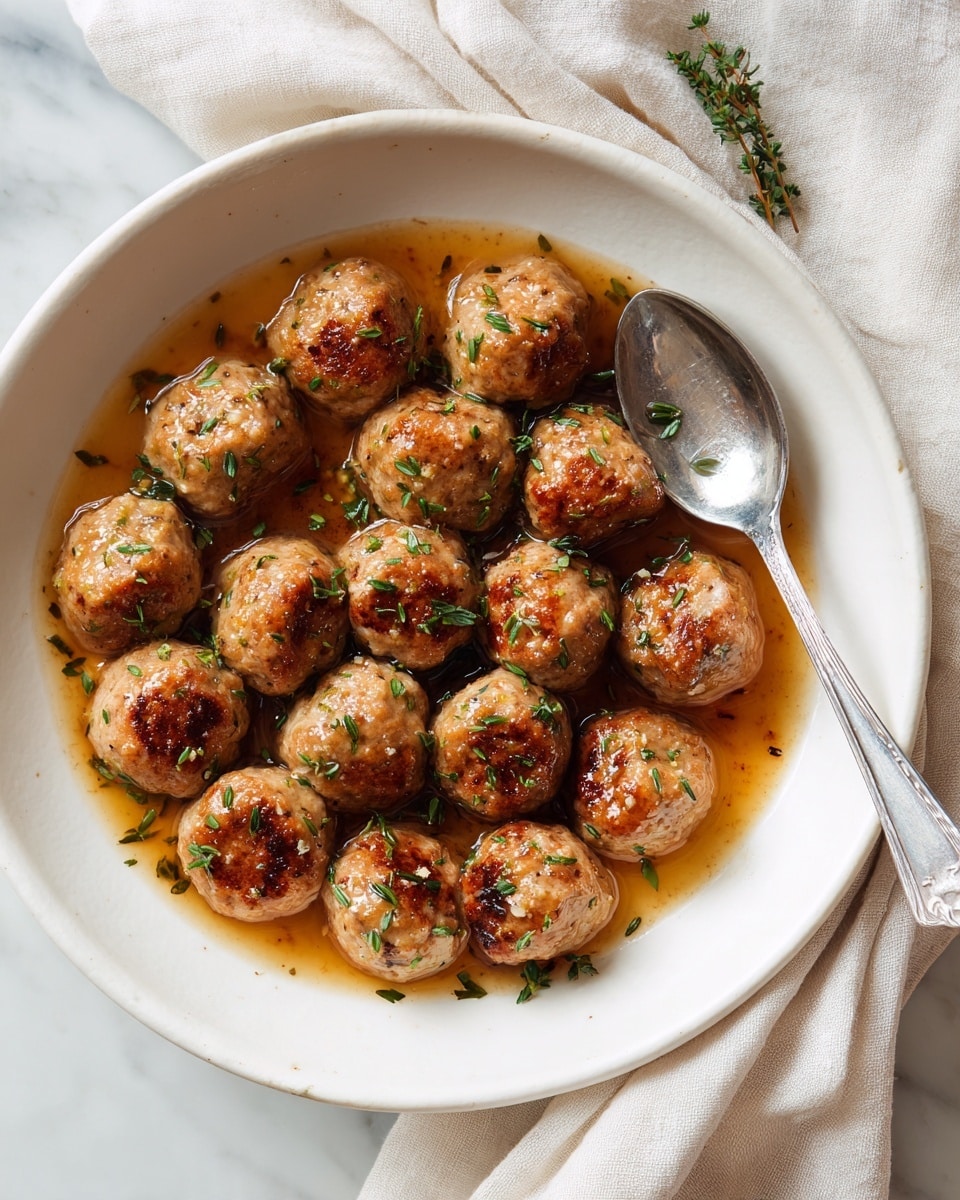 A rustic light gray bowl holds a pile of about sixteen golden-brown meatballs, each round and textured with small bits of herbs and spices. A shiny brown sauce drizzles over the meatballs, adding a slight gloss. Thinly sliced green onions are scattered on top, adding a fresh pop of color. To the right side of the bowl, a silver spoon rests partly under the meatballs. The background shows a soft-focus glass of green liquid and folded blue-gray cloth on a white marbled surface. photo taken with an iphone --ar 4:5 --v 7