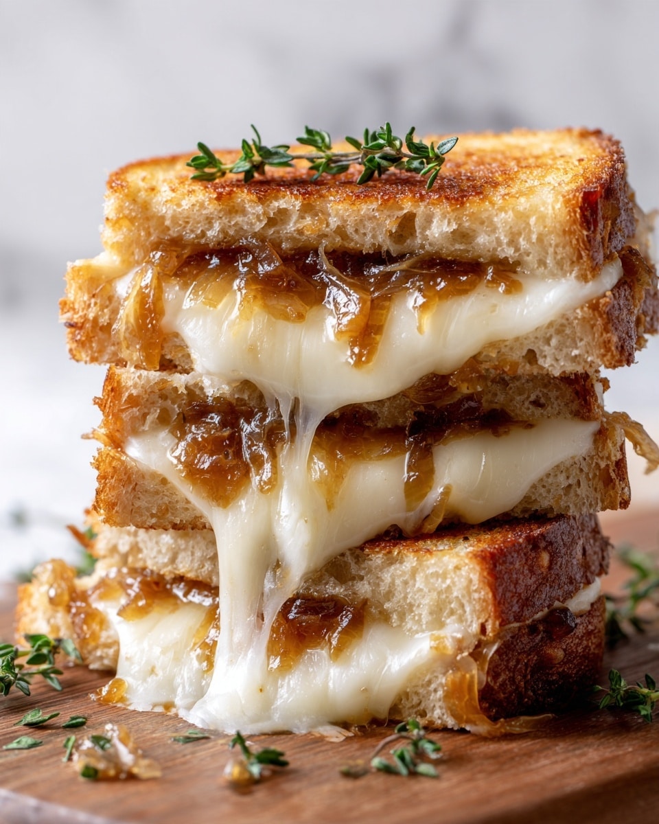 A close-up image of a grilled cheese sandwich cut in half and stacked, showing three thick layers of golden brown grilled bread with a slightly crispy texture on the outside. Between the slices are two thick layers of melted creamy white cheese that are oozing out, mixed with caramelized onions that have a deep brown and glossy look. A small sprig of fresh green thyme sits on top of the sandwich. The sandwich is placed on a wooden board with a few scattered thyme sprigs around it, set against a white marbled textured background. photo taken with an iphone --ar 4:5 --v 7