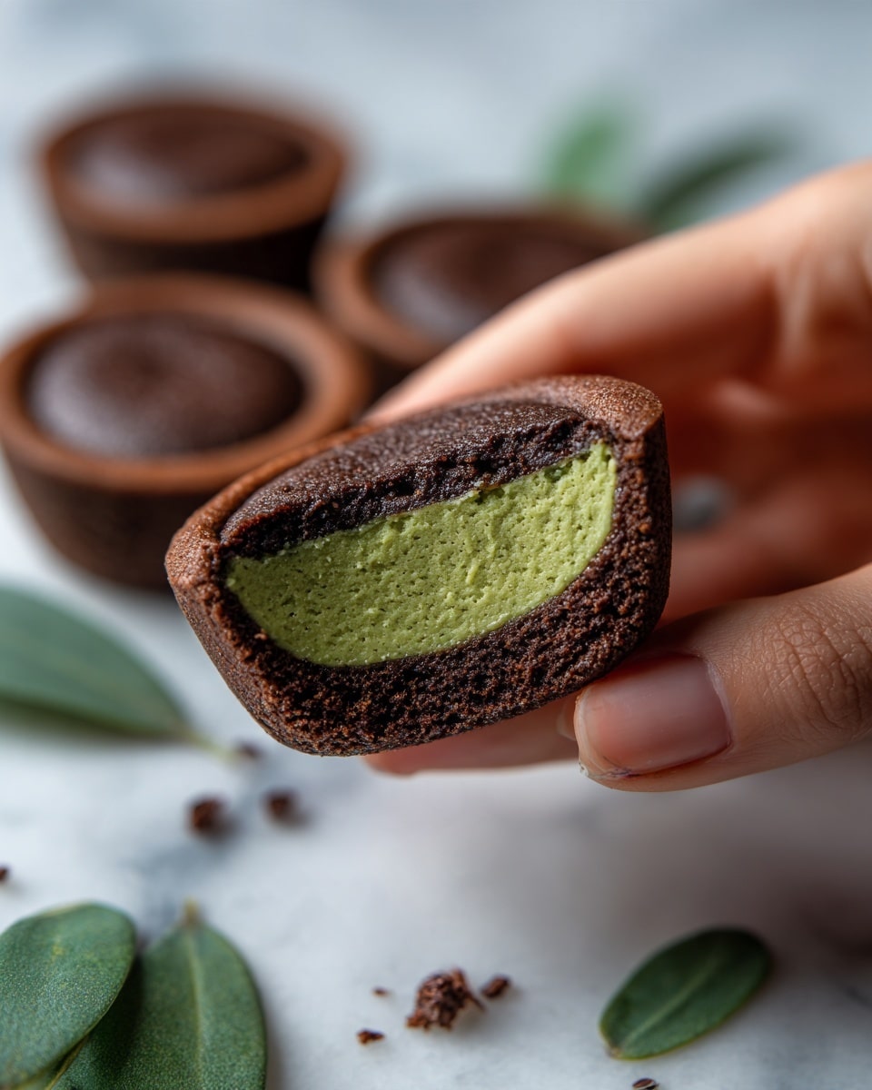 A woman's hand is holding a close-up view of a dark brown cookie with a cracked surface, broken in half to show a soft, creamy green filling inside. The cookie looks dense and textured with small pieces on top. In the background, several whole cookies with a similar look are spread on a white marbled surface, some sprinkled with green bits. The lighting highlights the rich texture and creamy center clearly. Photo taken with an iphone --ar 4:5 --v 7