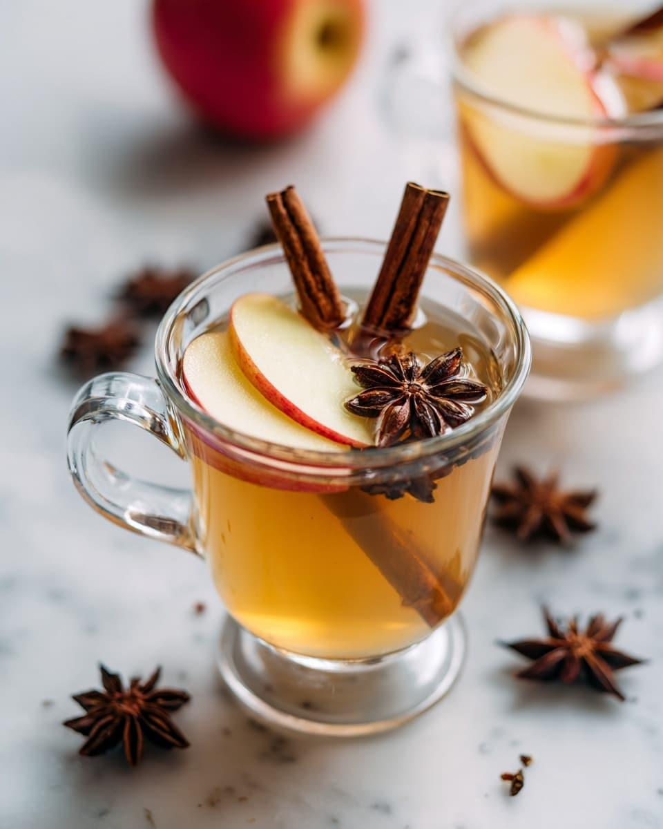A clear glass mug filled with a warm amber liquid, topped with two thin apple slices floating on the surface, and garnished with two cinnamon sticks and a star anise. The drink has a smooth, slightly translucent texture. Around the mug on a white marbled surface, there are several star anise pieces scattered. In the blurred background, another similar glass mug with the same drink is visible along with two whole red apples. Photo taken with an iphone --ar 4:5 --v 7