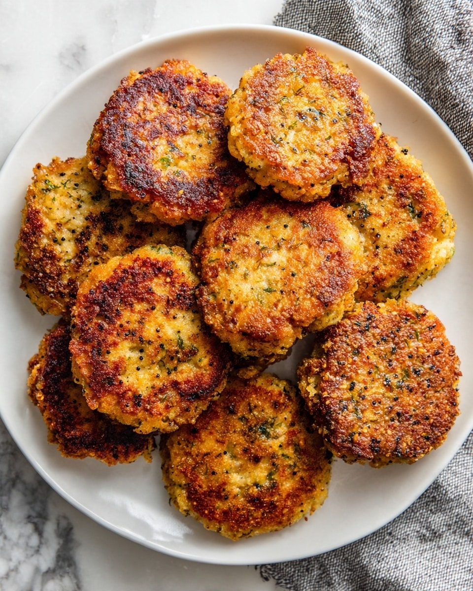 A white plate holds ten small round patties arranged in two loose layers, with the top layer slightly stacked on the bottom. Each patty is golden brown with a crisp, textured surface showing a mix of browns and darker spots from frying, with flecks of green herbs visible inside. The edges are rounded and slightly uneven, showing the soft interior beneath the crust. The plate sits on a white marbled surface with a light gray cloth in the background. photo taken with an iphone --ar 4:5 --v 7
