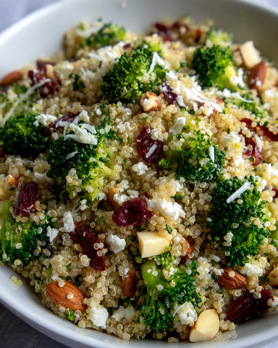 A close-up view of a mixed quinoa salad showing small, round, pale beige quinoa grains as the base layer scattered throughout. Bright green broccoli florets and small cauliflower pieces are mixed in evenly, adding a fresh, textured contrast. There are small chunks of light pink apple pieces and dark red dried cranberries dotting the salad, along with slivered, reddish-brown almonds, adding a crunchy texture. Light off-white shredded cheese is sprinkled over the top, blending with the other ingredients. The salad is shown in a large white bowl placed on a white marbled surface, with a silver spoon partly visible among the layers. Photo taken with an iphone --ar 4:5 --v 7
