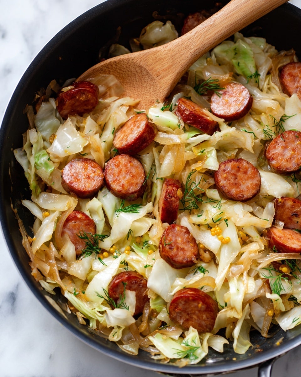 The image shows a close-up of a cooked dish in a black pan with a wooden spoon. The dish has three main layers: slices of browned sausage with a reddish-brown color, cooked cabbage pieces that are light green and white with a soft, slightly translucent texture, and caramelized onion slices in a golden brown color mixed throughout. Small green dill sprigs are scattered on top, adding a fresh touch. The wooden spoon is partly covered by the mixture and appears well-used, with darkened spots. The background is a white marbled texture. photo taken with an iphone --ar 4:5 --v 7