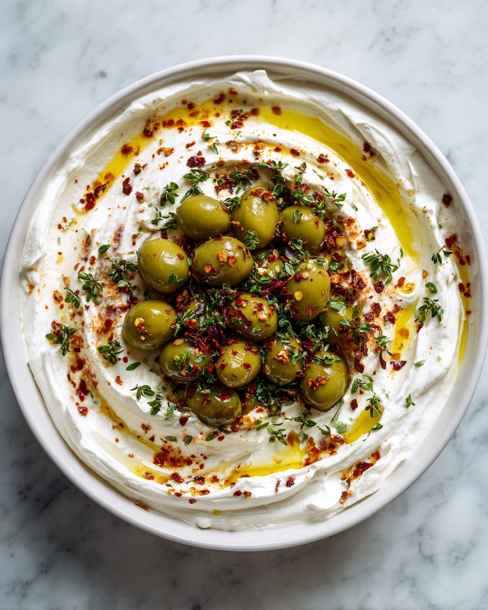 A white bowl holds a creamy white layer of thick yogurt or labneh spread in a circular pattern with soft, rough textures and wavy swirls. In the center sits a heap of bright green chopped olives mixed with some crushed red pepper flakes and small green herb leaves. A drizzle of golden olive oil pools slightly around the olives and over the yogurt, adding shine and a rich, smooth texture. The edges of the yogurt are sprinkled lightly with red pepper flakes, creating small bright red specks against the white cream. The bowl sits on a white marbled surface, adding a subtle light pattern behind it. photo taken with an iphone --ar 4:5 --v 7