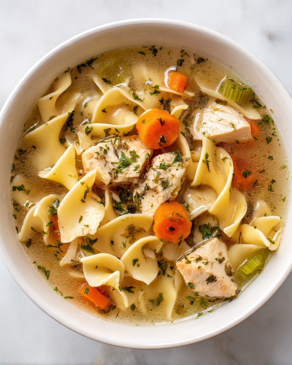 A white bowl holds a warm chicken noodle soup with three main layers visible: the bottom layer is a clear golden broth; the middle layer contains light yellow wide egg noodles that twist and curl; the top layer has bright orange carrot slices, green celery pieces, and shredded light brown chicken chunks, all sprinkled with dried green herbs. The bowl sits on a white marbled surface. Photo taken with an iphone --ar 4:5 --v 7