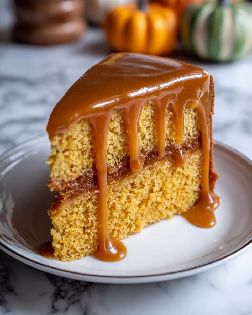 The image shows a slice of two-layer orange cake on a white plate with brown speckles along the edge. The bottom layer is a moist, crumbly orange cake, topped by a thin layer of darker brown filling in the middle. The top layer is another thick orange cake with a rougher texture at the very top. Rich, glossy orange-brown icing drips slowly down the sides, covering the top and partially the middle layer. The background has a white marbled texture with blurred small orange pumpkins and kitchen items. Photo taken with an iphone --ar 4:5 --v 7