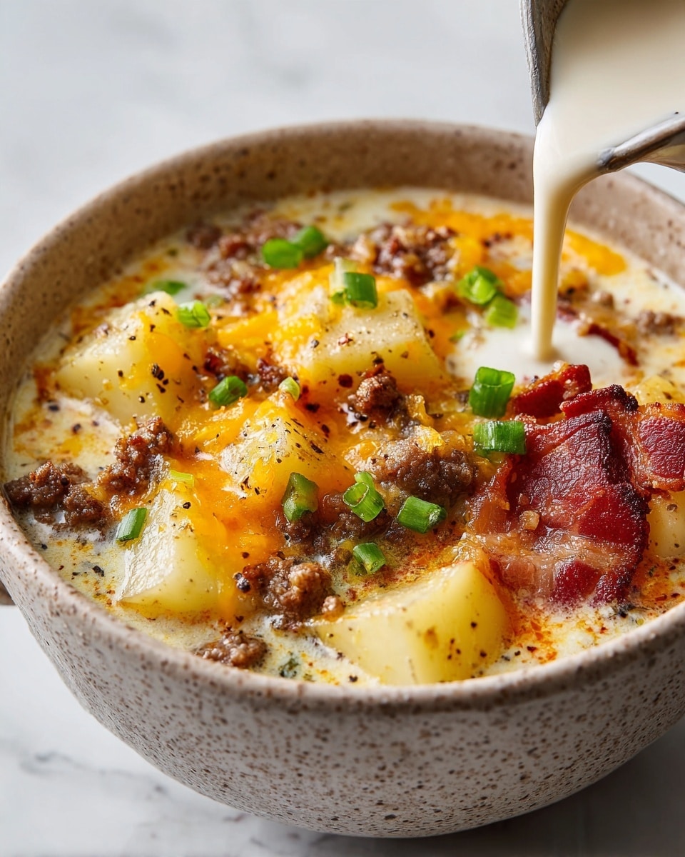 The image shows a bowl of creamy soup with visible layers including light beige broth as the base, chunks of yellow potatoes scattered throughout, crumbled browned ground meat mixed evenly, and small pieces of crispy reddish-brown bacon on one side. On top, there is a melting layer of bright orange shredded cheese and sprinkled chopped green onions adding color contrast. The bowl is light speckled beige with a slightly rough texture, placed on a white marbled surface. A creamy liquid is being poured into the soup from the right side. Photo taken with an iphone --ar 4:5 --v 7