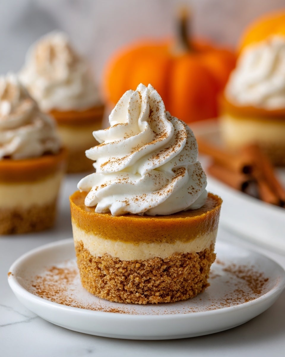 A mini cheesecake sits on a white plate with a crumbly golden-brown crust forming the base layer, topped by a smooth, bright orange pumpkin cheesecake layer. On top is a thick swirl of white whipped cream with a light dusting of brown cinnamon powder, which also decorates the plate around the cheesecake. In the blurred background, there are two more mini cheesecakes and a few small pumpkins, all placed on a white marbled surface. photo taken with an iphone --ar 4:5 --v 7