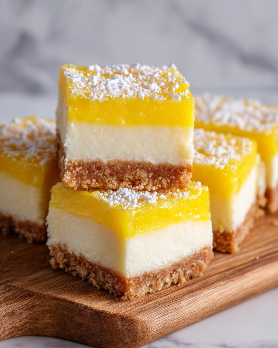 The image shows several square dessert bars stacked on a light wooden surface. Each bar has three visible layers: a thick, crumbly light brown base at the bottom, a creamy smooth white middle layer, and a bright yellow top layer with a glossy finish. The top layer is sprinkled with a fine dusting of white powdered sugar, adding texture and contrast. The bars appear soft and moist, with clean cut edges. The background has a white marbled texture. photo taken with an iphone --ar 4:5 --v 7