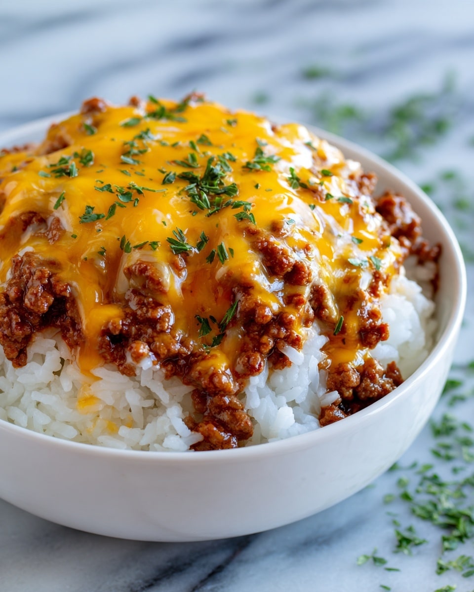 A close-up view of a white bowl filled with three layers: at the bottom a bed of cooked white rice with a slightly sticky texture, above it a generous layer of ground beef cooked to a rich brown color with small pieces evenly spread, and on top a layer of melted cheddar and white cheese that is gooey and shiny, sprinkled with fresh green chopped herbs. The bowl sits on a white marbled surface with some green leaves blurred in the background. photo taken with an iphone --ar 4:5 --v 7