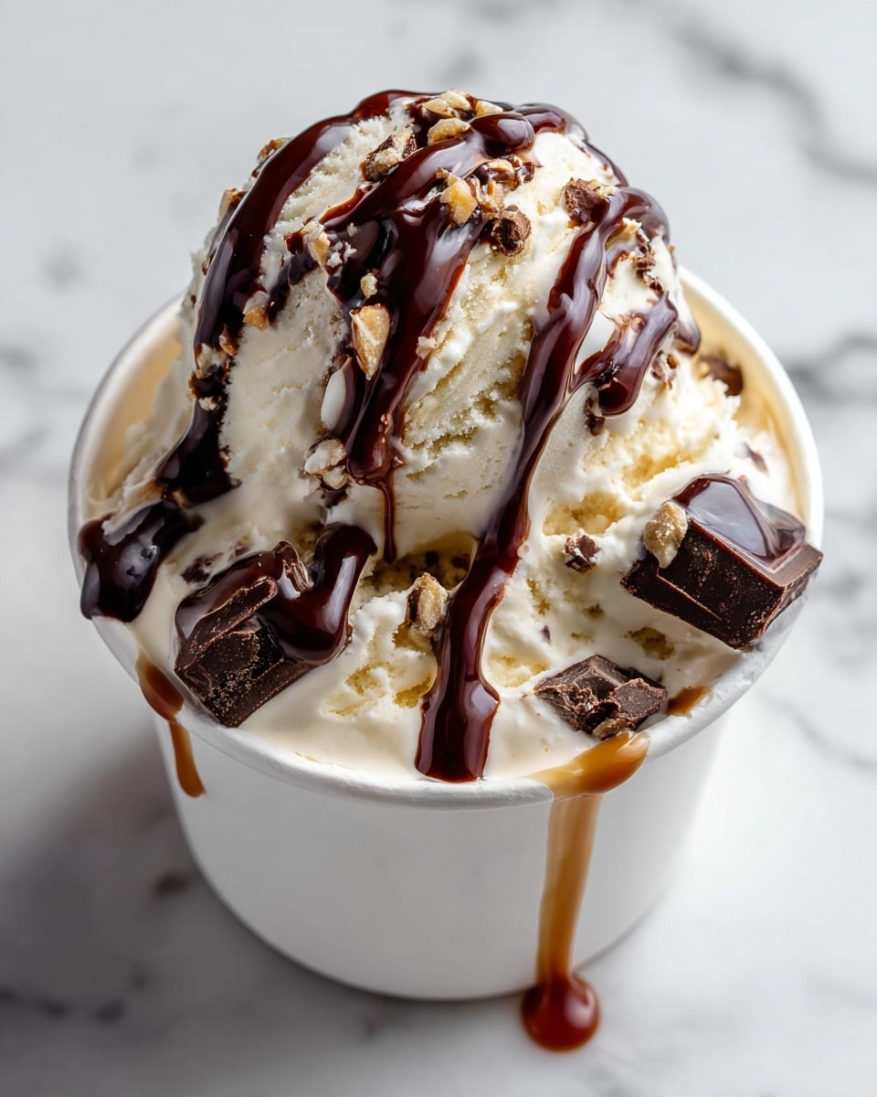 A white cup filled with a creamy ice cream scoop sitting on top, rich caramel and chocolate sauces drizzled over the ice cream and falling slightly down the sides of the cup, pieces of dark chocolate embedded in the ice cream, all placed on a white marbled surface. Photo taken with an iphone --ar 4:5 --v 7