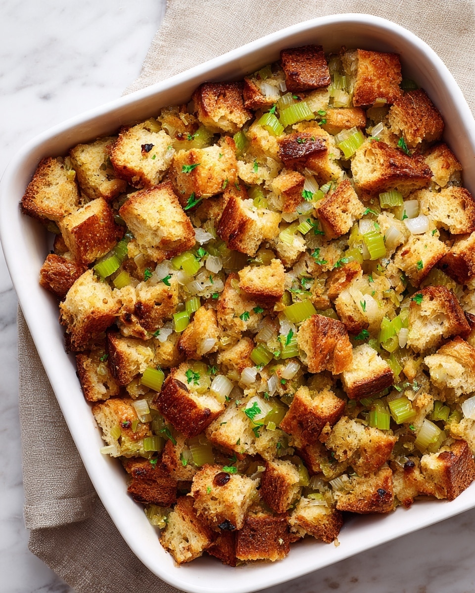 A white casserole dish filled with one thick layer of stuffing made from small, cubed pieces of toasted bread in golden brown and light brown shades mixed with diced green celery and small bits of soft, cooked onions, giving it a textured, hearty look. The top is slightly crisp with some darker browned edges, all sitting on a white marbled surface with a cozy beige and black checkered cloth partially visible in the background, photo taken with an iphone --ar 4:5 --v 7