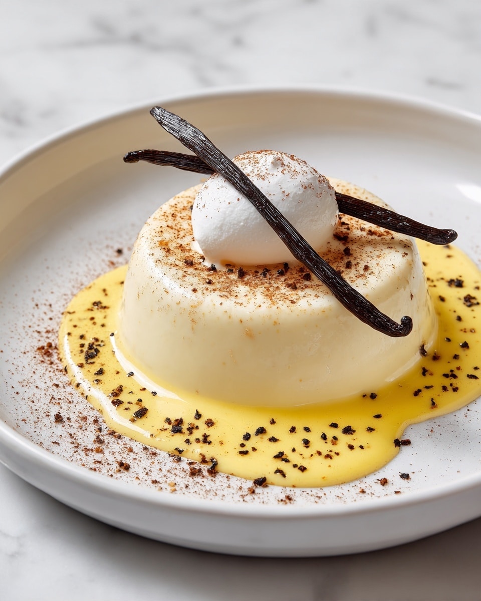 A round white creamy pudding sits in the center of a white plate with a smooth white marbled background. The pudding has one main layer, covered by yellow sauce that spills over the edges onto the plate. On top of the pudding, there is a small dollop of white cream, and two long, dark brown vanilla beans cross each other diagonally, resting on the cream. Around the pudding and sauce, there are small sprinkles of brown and black spice powder scattered on the plate. The photo taken with an iphone --ar 4:5 --v 7
