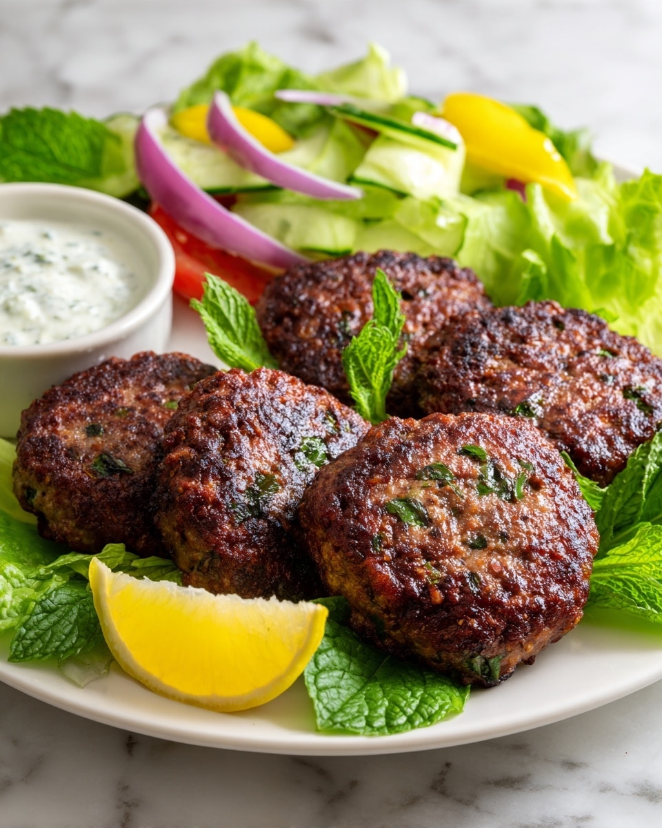 The image shows a white plate on a white marbled surface, filled with five browned, grilled meat patties with a slightly crispy texture and green herbs visible inside. Around the patties are bright green fresh mint leaves, adding a fresh contrast. To one side of the plate, there is a colorful vegetable salad made of slice cucumbers, red onions, and yellow bell peppers, all fresh and vivid. A wedge of lemon with a bright yellow peel rests near the patties. In the background, a small white bowl filled with creamy white sauce with green herbs is visible. The light in the scene is soft, highlighting the colors and textures vividly. photo taken with an iphone --ar 4:5 --v 7