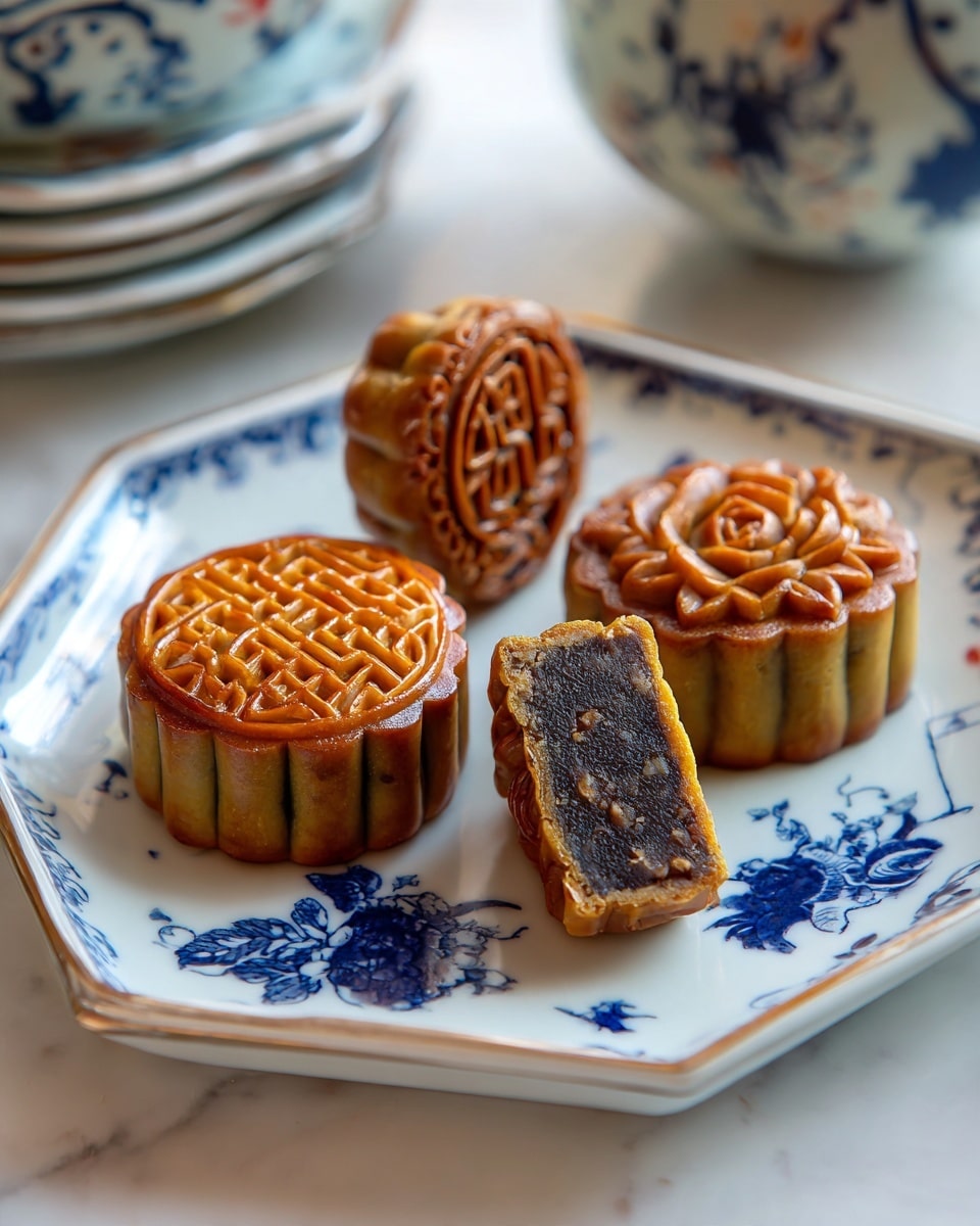 Four mooncakes are arranged on a white octagonal plate with blue floral patterns. Three mooncakes are whole with detailed tops: one has a geometric pattern, another has a leaf design, and the third has a rose motif. The fourth mooncake is cut in half, showing a dense, dark brown filling inside a light brown crust. The plate sits on a white marbled surface, with part of another white plate and a ceramic object in the background. photo taken with an iphone --ar 4:5 --v 7