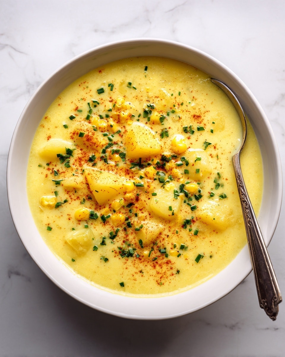A close-up view of a white bowl filled with creamy yellow chowder, featuring large, soft potato chunks layered throughout the thick soup. The chowder has a smooth texture with small pieces of corn and herbs visible inside. In the center, there is a small mound of fresh green parsley leaves sprinkled with a light dusting of red spice on top. A metal spoon is partially submerged in the soup on the right side of the bowl. The bowl is placed on a white marbled surface. Photo taken with an iphone --ar 4:5 --v 7