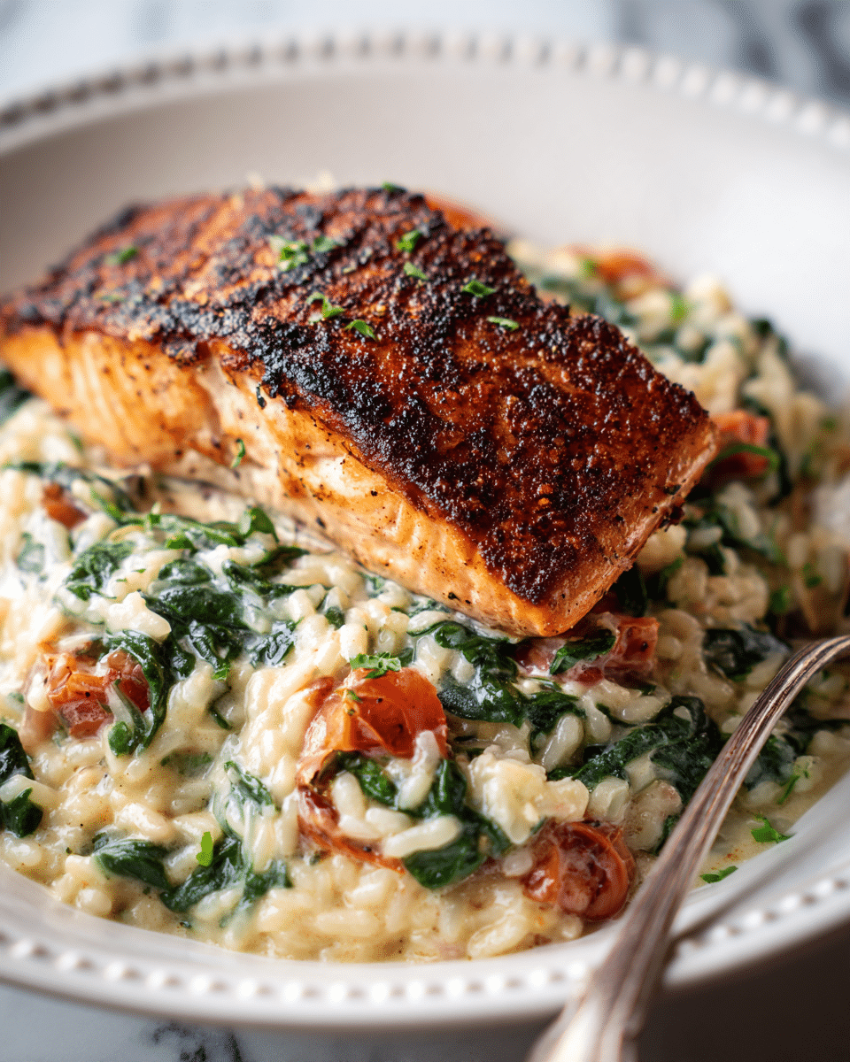 A white plate with a detailed edge holds a piece of grilled salmon with a dark, crispy crust on top. The salmon lays over a creamy risotto that has visible pieces of chopped spinach and small chunks of tomato, adding green and red colors to the creamy beige rice. A silver fork rests on the right side of the plate. The plate is placed on a white marbled surface. photo taken with an iphone --ar 4:5 --v 7