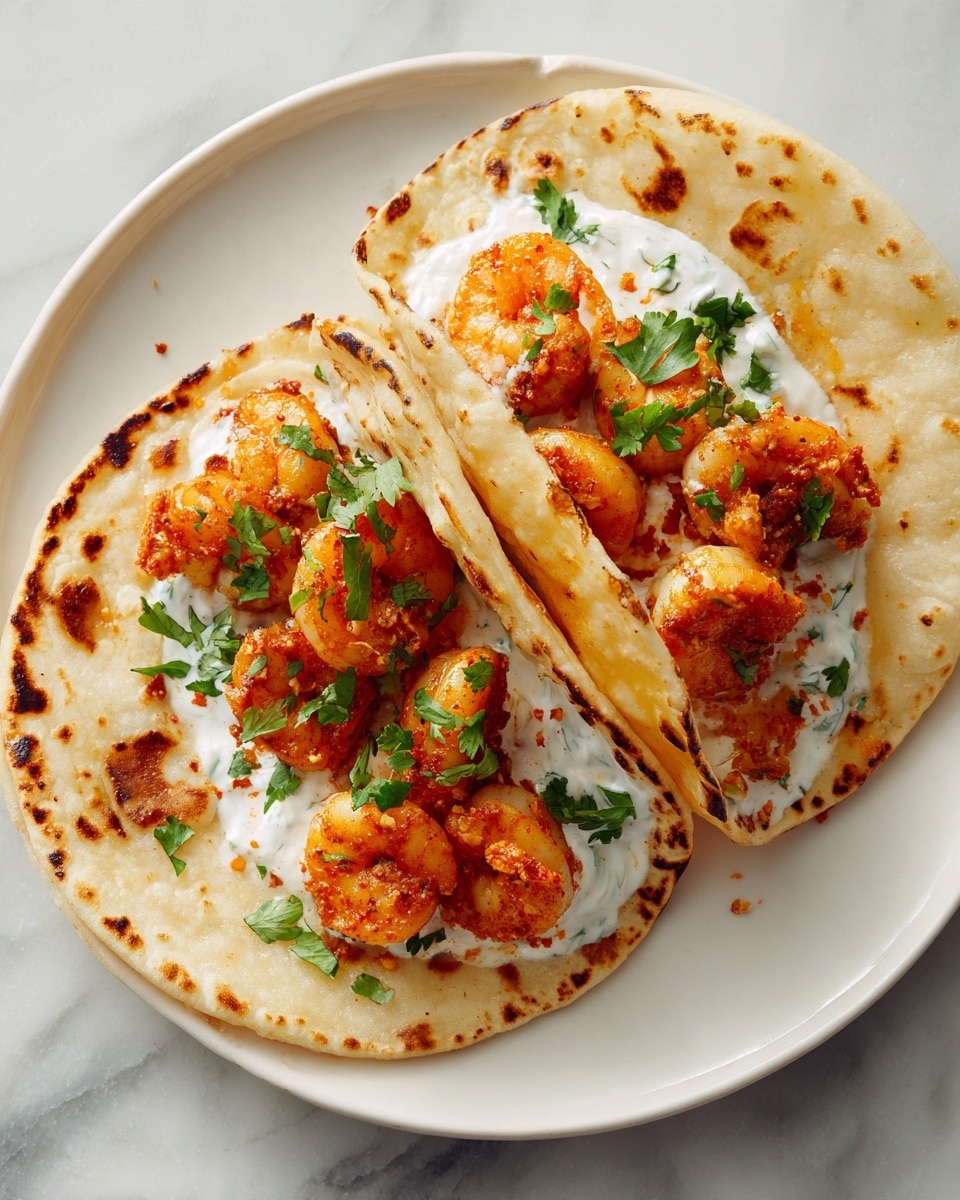 Two tacos sit on a white plate over a white marbled surface. Each taco has a soft, slightly charred tortilla; one taco is folded, showing a golden-brown outside, while the other is open to display the filling. The filling has a bright orange shrimp mix topped with a white creamy sauce and sprinkled with fresh chopped green cilantro. The shrimp look juicy and the sauce adds a soft texture contrast to the firm tortilla. Photo taken with an iphone --ar 4:5 --v 7