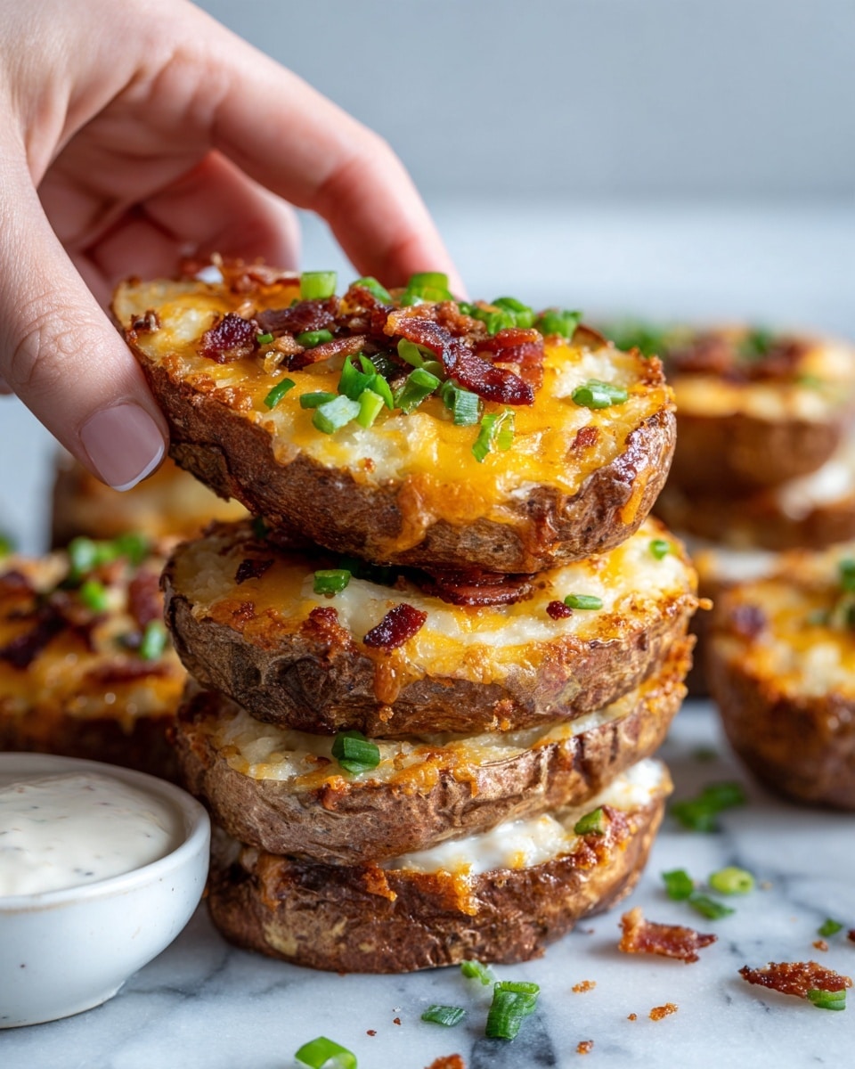 The image shows a close-up of a crispy round potato slice with a golden yellow melted cheese layer on top, covered with small reddish-brown crispy bacon pieces and garnished with bright green chopped scallions. The potato slice has a textured, slightly browned edge, and the cheese looks glossy and smooth. A woman's hand is holding the potato slice, and in the foreground, there is a white bowl with a white creamy dip. The background has more stacked potato slices with the same cheese, bacon, and scallion layers, all placed on a white marbled surface. photo taken with an iphone --ar 4:5 --v 7