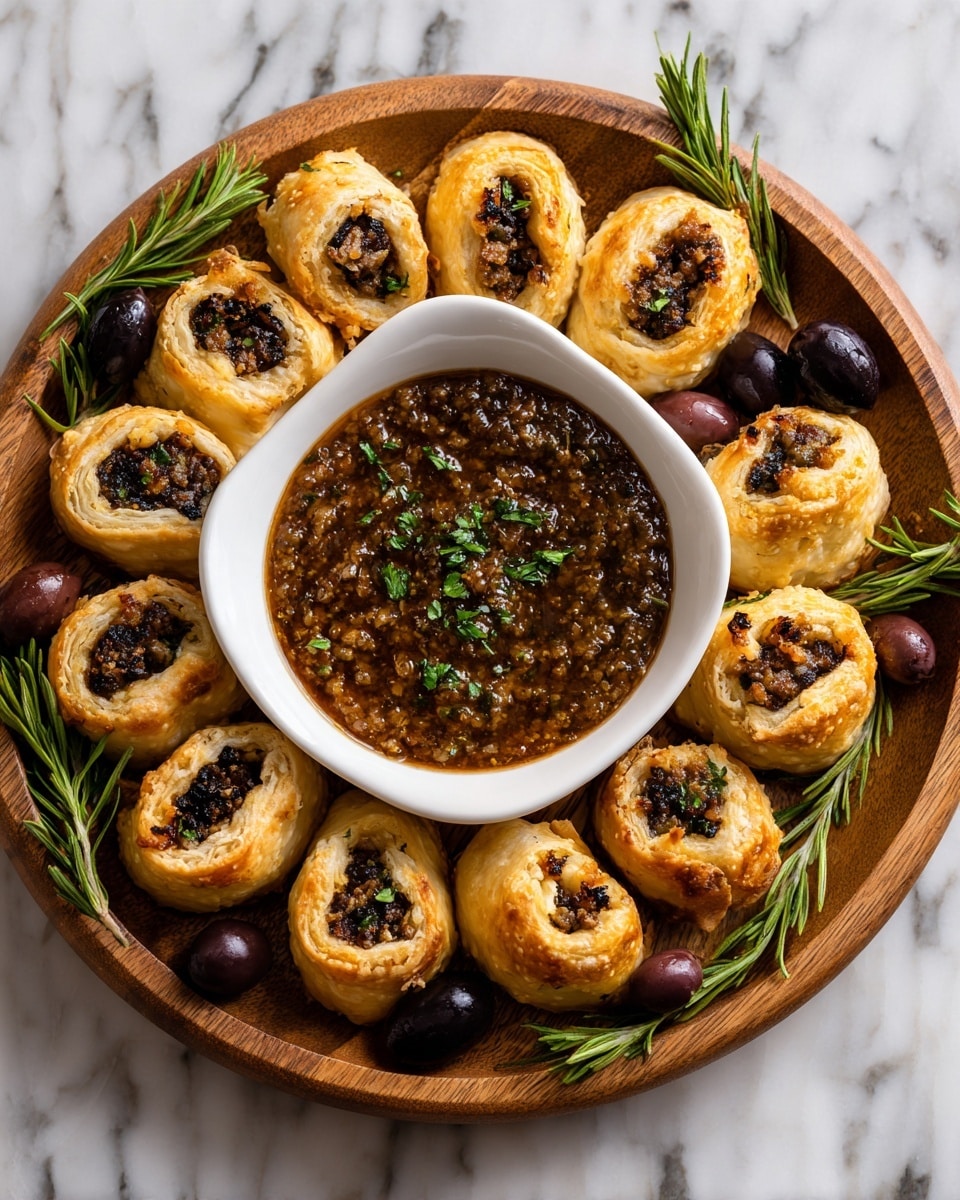 A white bowl filled with brown sauce speckled with herbs sits in the center of a wooden round tray. Around the bowl is a ring of golden-brown puff pastry rolls stuffed with a dark brown filling, arranged closely together. Fresh rosemary sprigs and small dark red olives are placed evenly around the bowl, adding green and deep red accents. The tray is on a white marbled surface. photo taken with an iphone --ar 4:5 --v 7