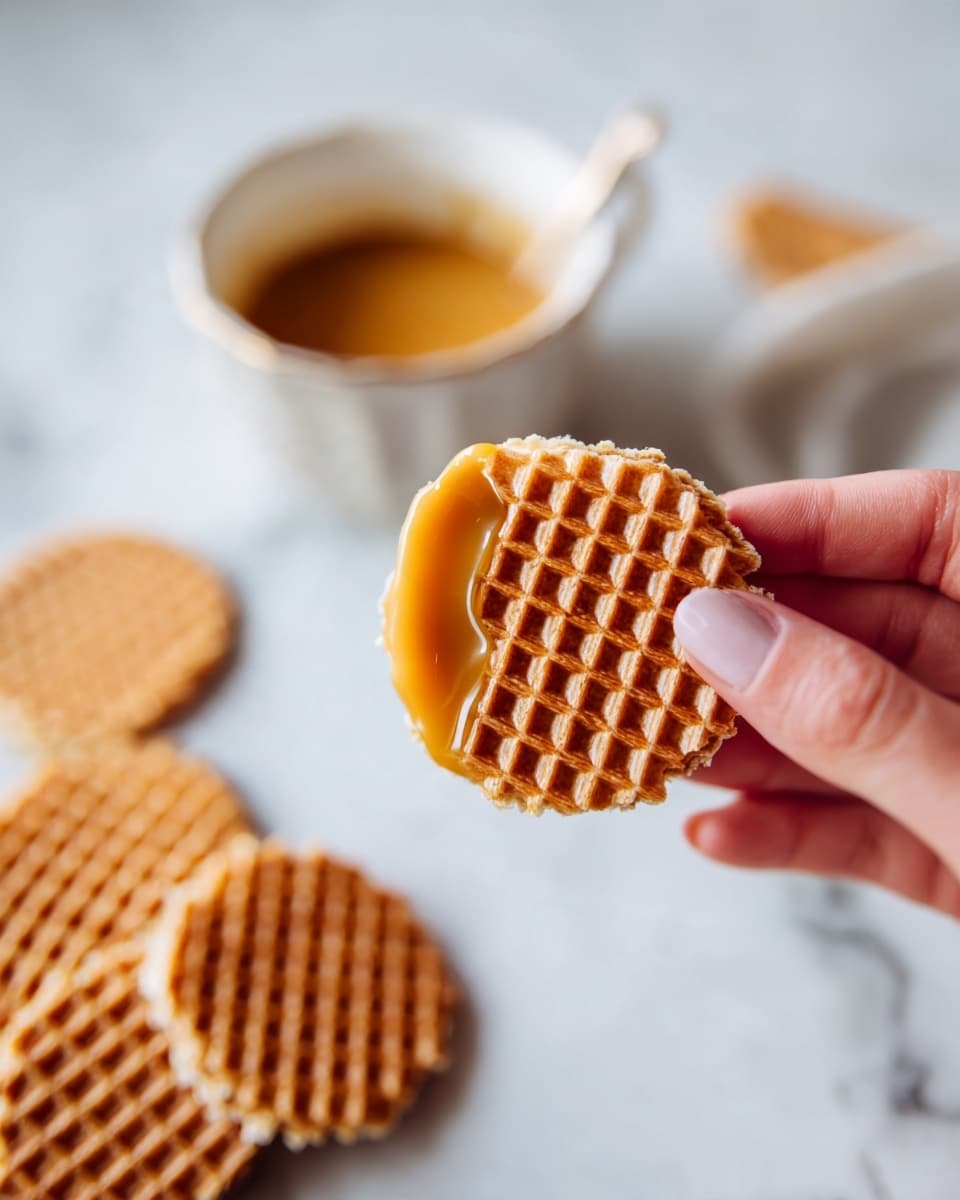 A close-up shot of a woman's hand holding a half-eaten round waffle cookie with a golden-brown color and a crispy texture, showing the detailed grid pattern of the waffle. In the background, there are more round waffle cookies stacked and spread out casually on a white marbled surface, alongside a small white bowl filled with caramel sauce. The scene is warm and inviting with light natural shadows, suggesting a cozy snack moment. photo taken with an iphone --ar 4:5 --v 7